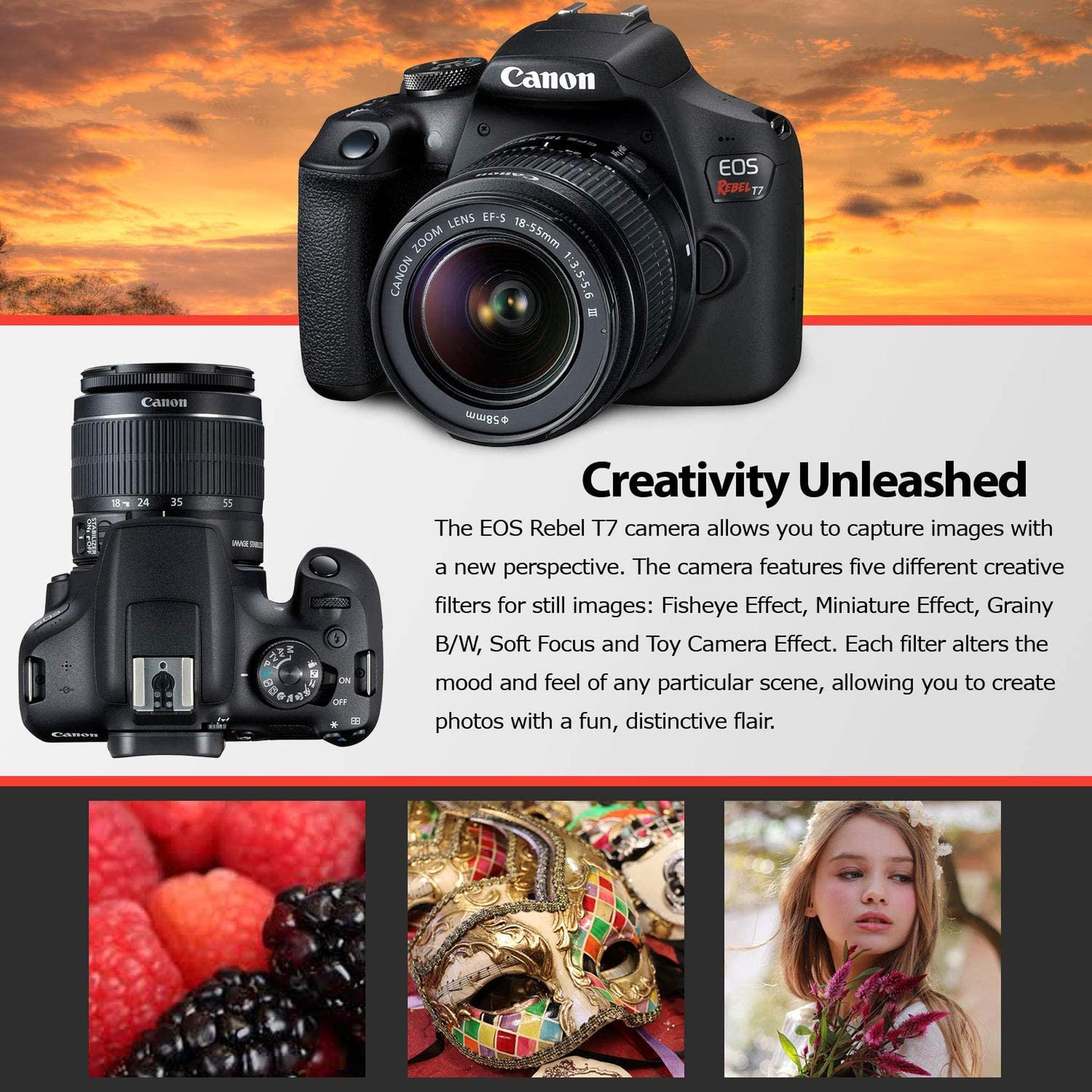 Canon Rebel T7 DSLR Camera with 18-55mm DC III Lens Kit and Carrying Case, Creative Filters, Cleaning Kit, and More Canon