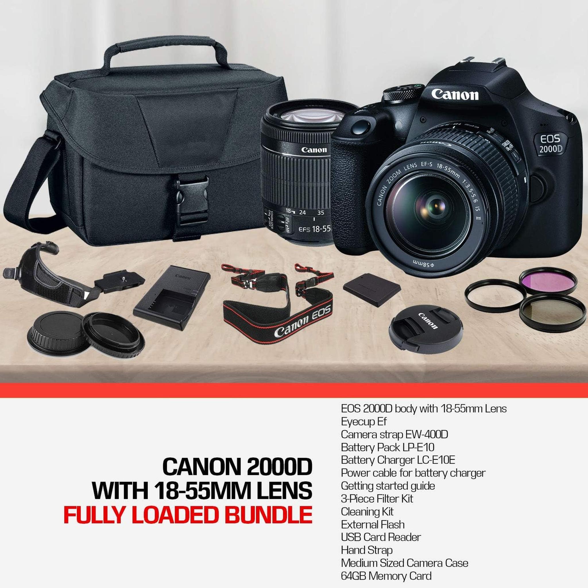 Canon EOS 2000D / Rebel T7 DSLR Camera and EF-S 18-55mm f/3.5-5.6 IS DC III Lens + 32GB Memory Card + Camera Bag + Cleaning Kit + Table Tripod + Filters - Intl Model Canon