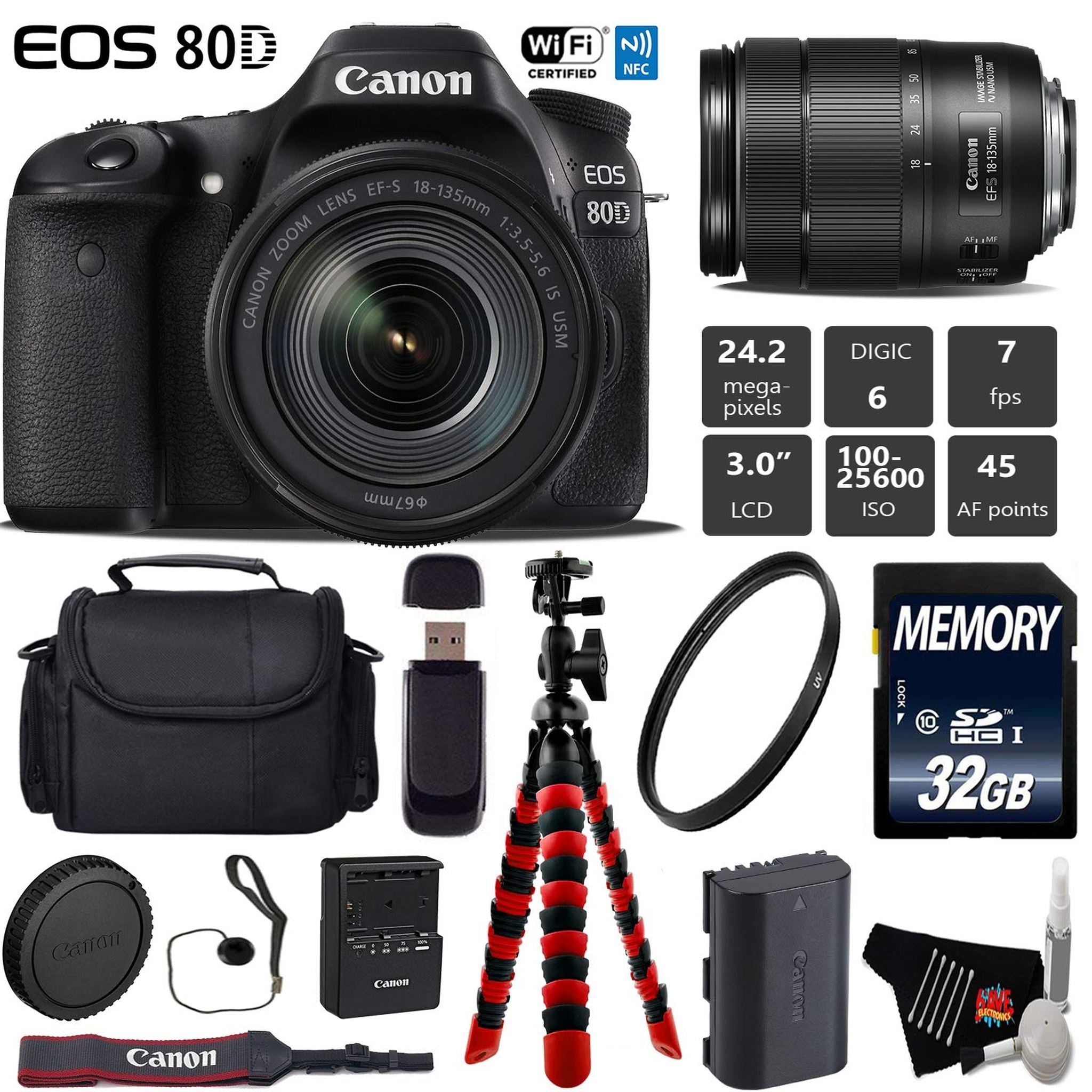 Canon EOS 80D DSLR Camera with 18-135mm is STM Lens + Flexible Tripod + UV Protection Filter + Professional Case + Card Starter Bundle Canon