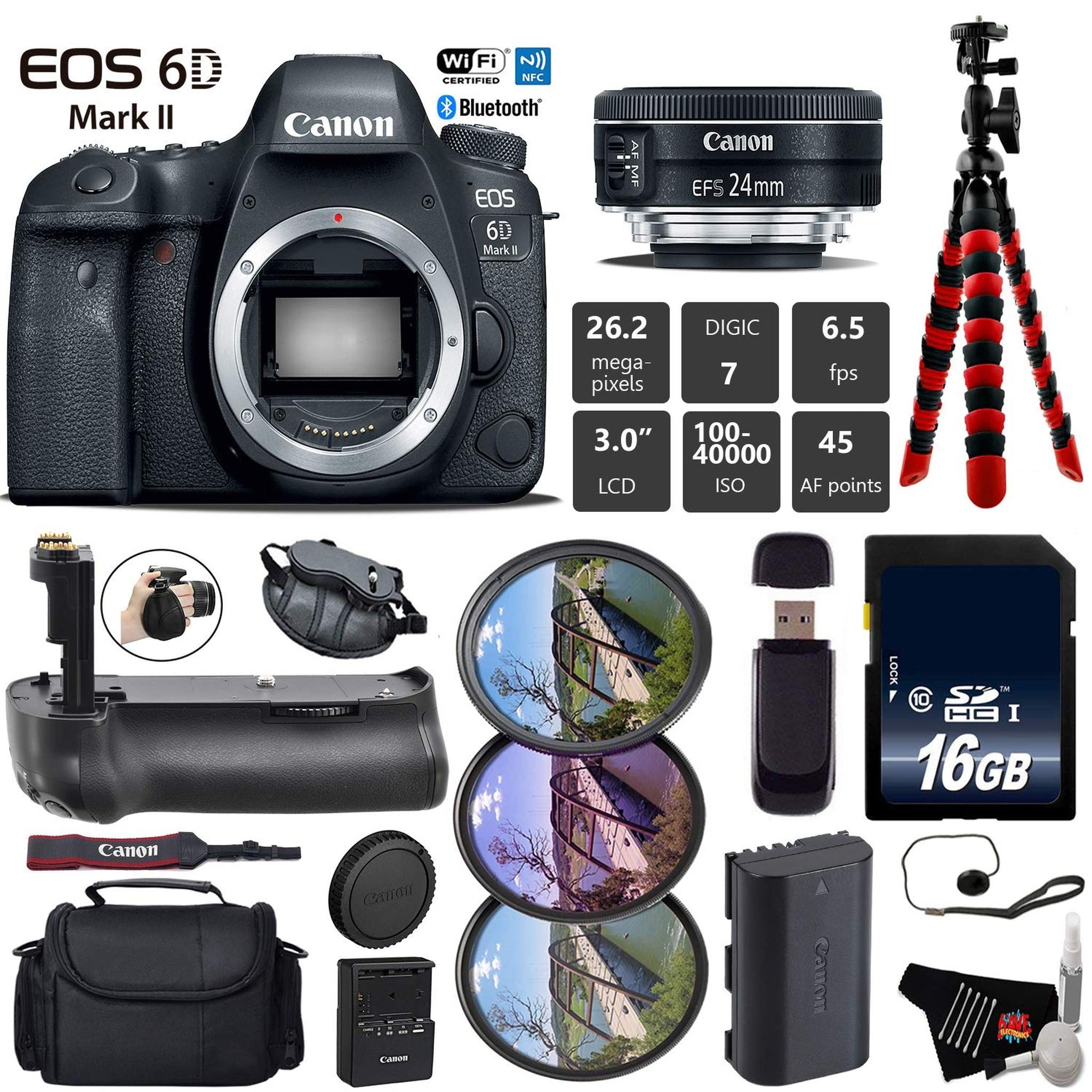 Canon EOS 6D Mark II DSLR Camera with 24mm f/2.8 STM Lens + Professional Battery Grip + UV FLD CPL Filter Kit + Case Base Bundle Canon