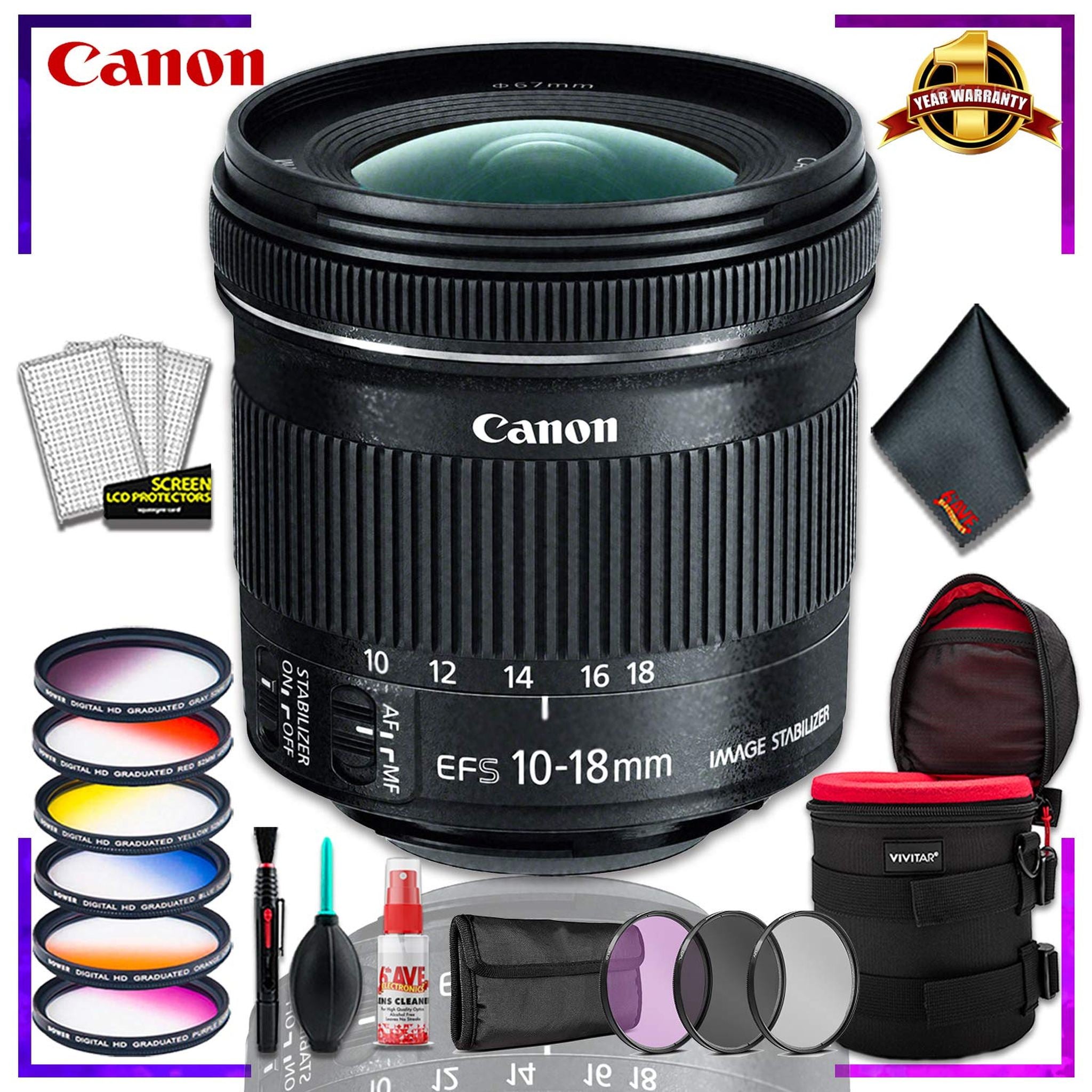 Canon EF-S 10-18mm f.4.5-5.6 is STM Lens International Model + 4.5 inch Vivitar Premium Lens Case + Vivitar Graduated Canon