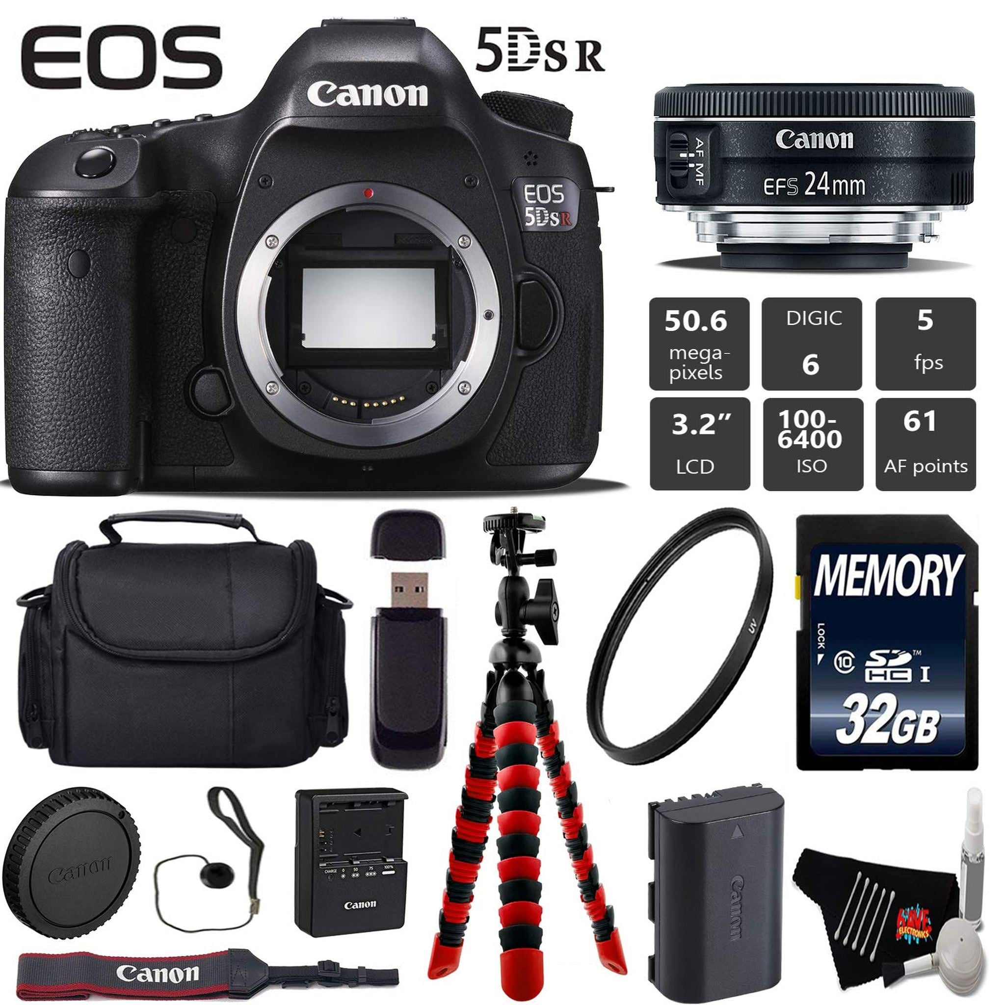 Canon EOS 5DS R DSLR Camera with 24mm f/2.8 STM Lens + Wireless Remote + UV Protection Filter + Case + Wrist Strap Starter Bundle Canon