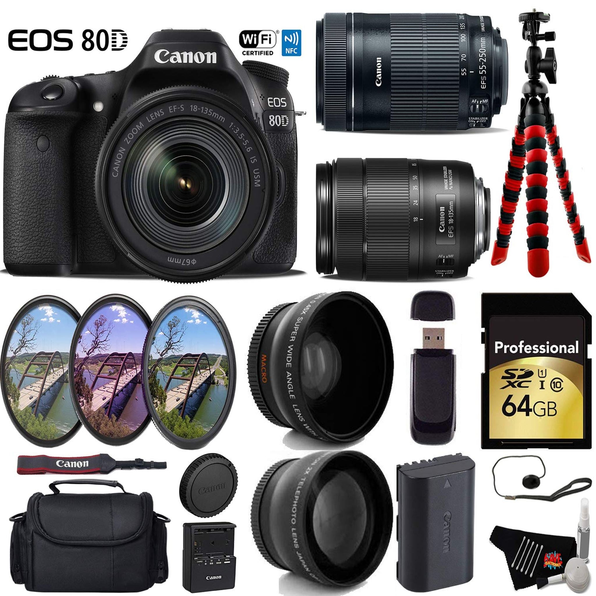 Canon EOS 80D DSLR Camera with 18-135mm is STM Lens & 55-250mm is STM Lens + UV FLD CPL Filter Kit Ultimate Bundle Canon