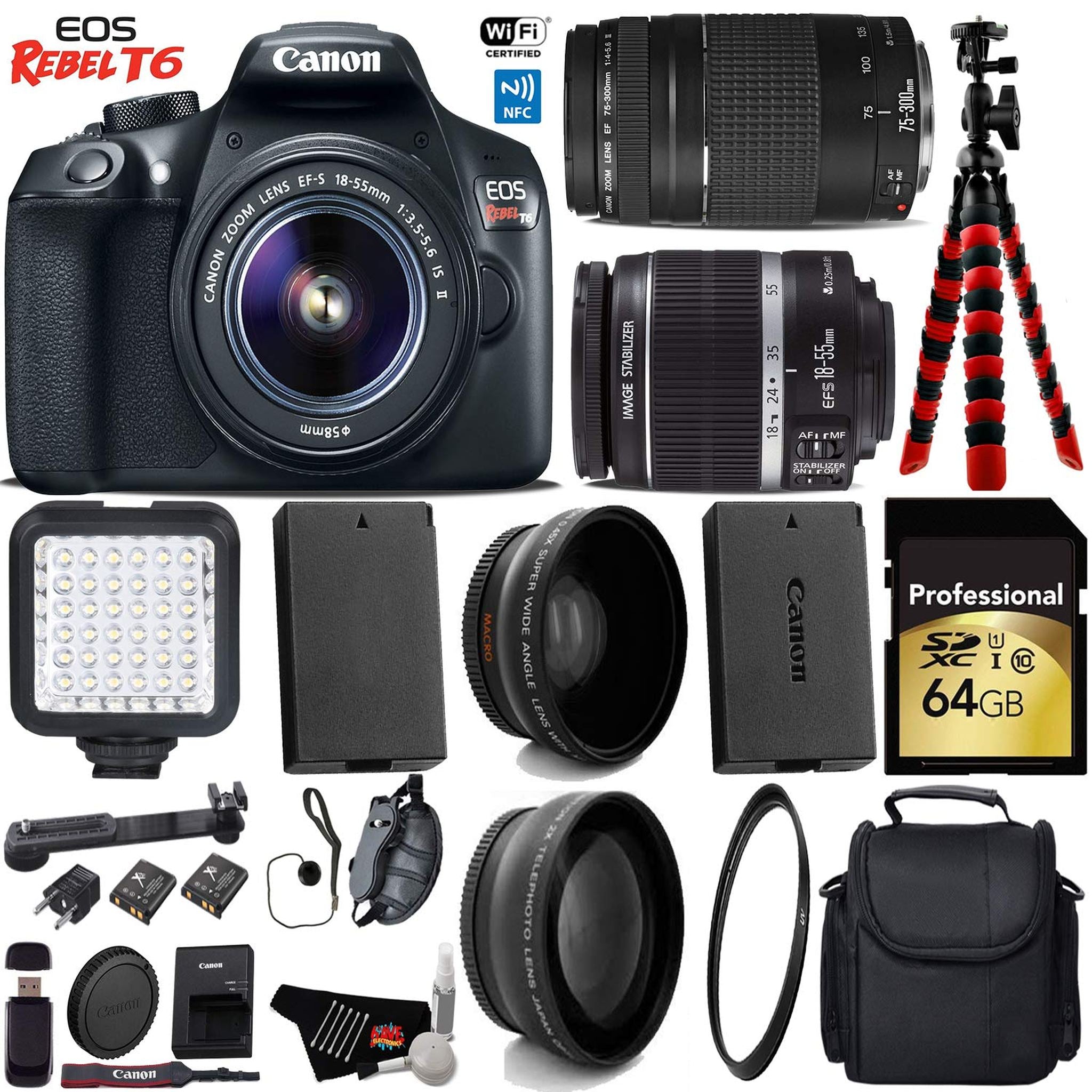 Canon EOS Rebel T6 DSLR Camera 18-55mm is II Lens & 75-300mm III Lens + LED + UV FLD CPL Filter Kit Pro Bundle Canon