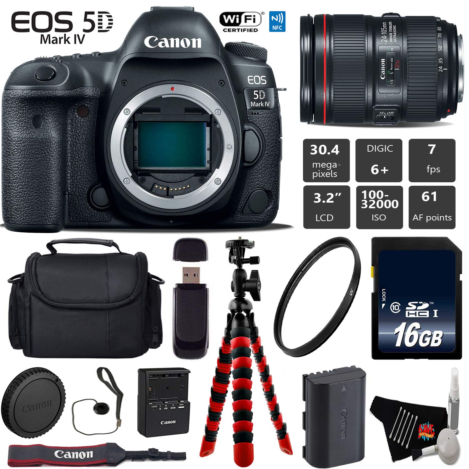 Canon EOS 5D Mark IV DSLR Camera with 24-105mm f/4L II Lens + Wireless Remote + UV Protection Filter + Case + Wrist Strap Base Bundle Canon