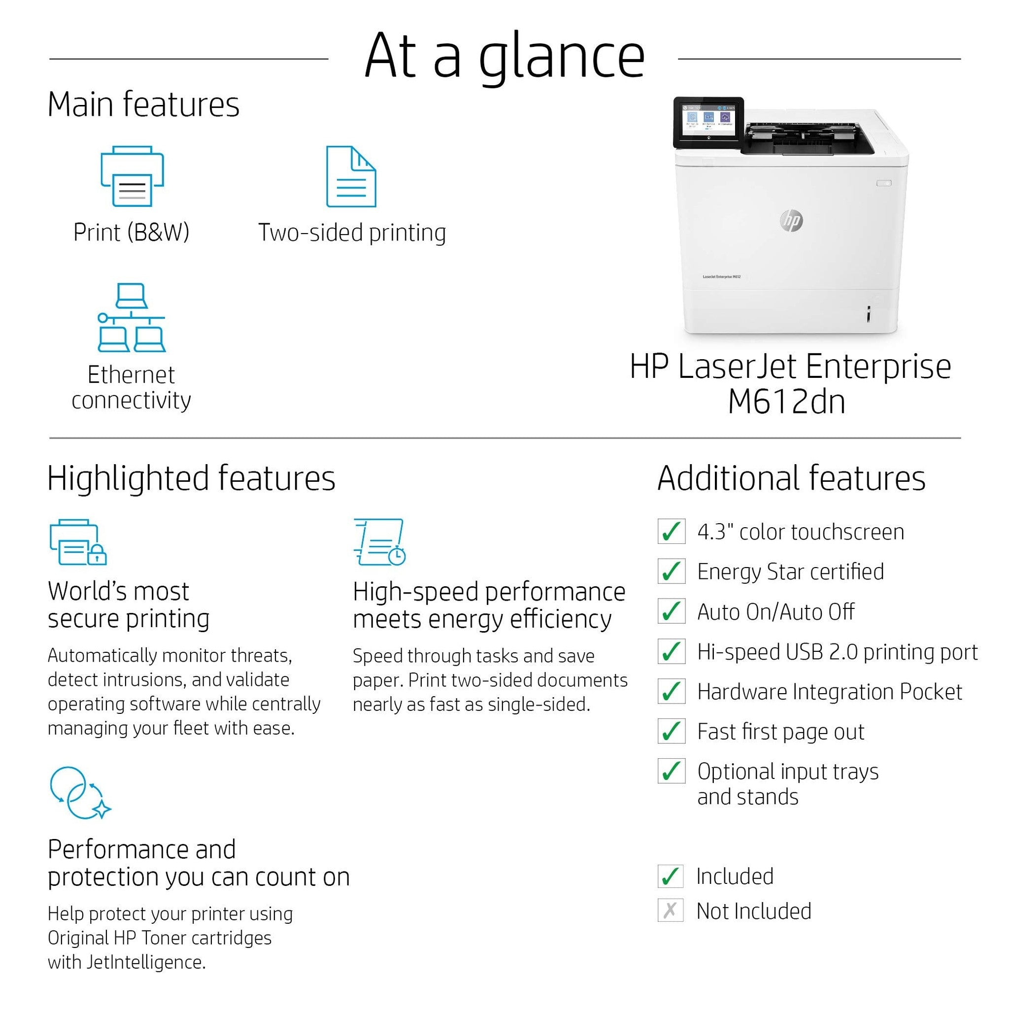 HP LaserJet Enterprise M612dn Monochrome Printer with built-in Ethernet & 2-sided printing 7PS86A HP