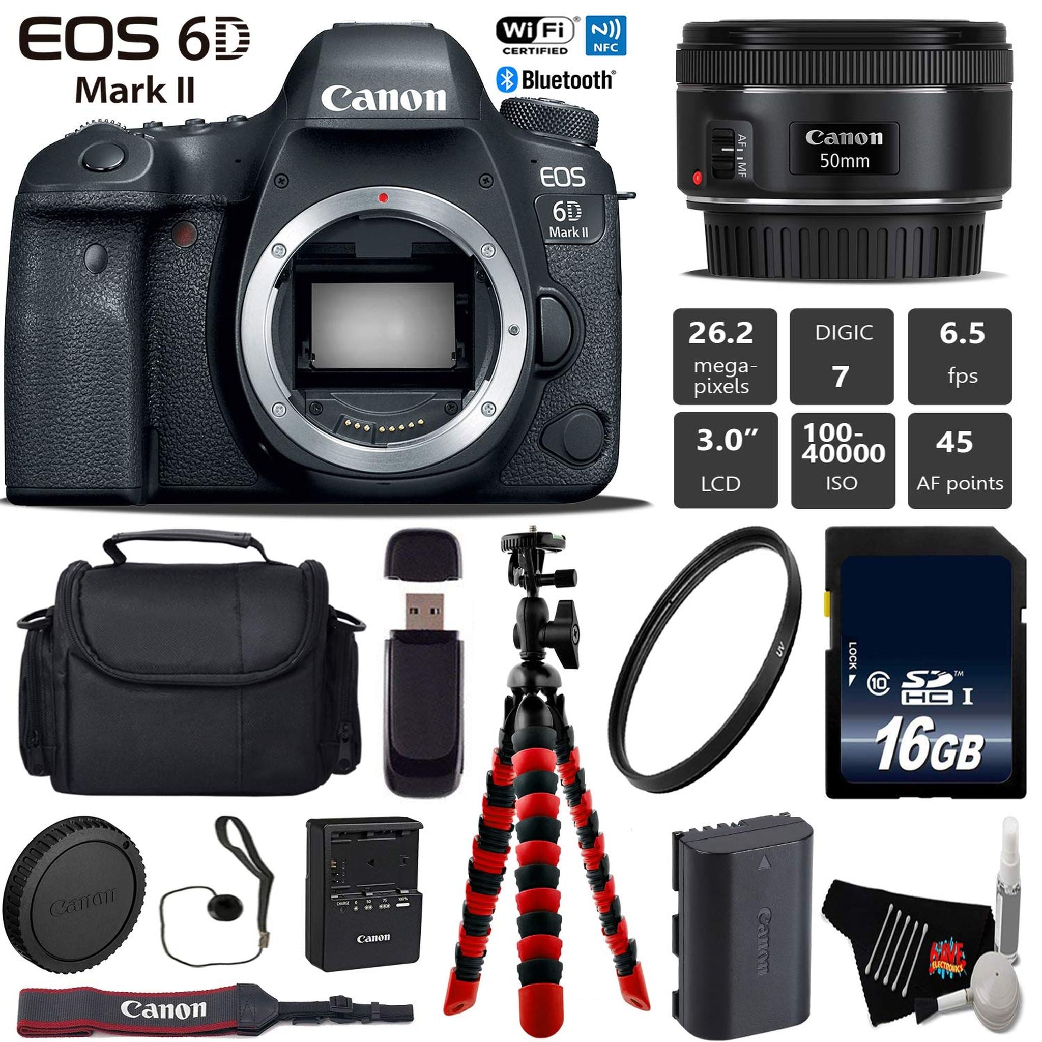 Canon EOS 6D Mark II DSLR Camera with 50mm f/1.8 STM Lens + Wireless Remote + UV Protection Filter + Case + Wrist Strap Base Bundle Canon