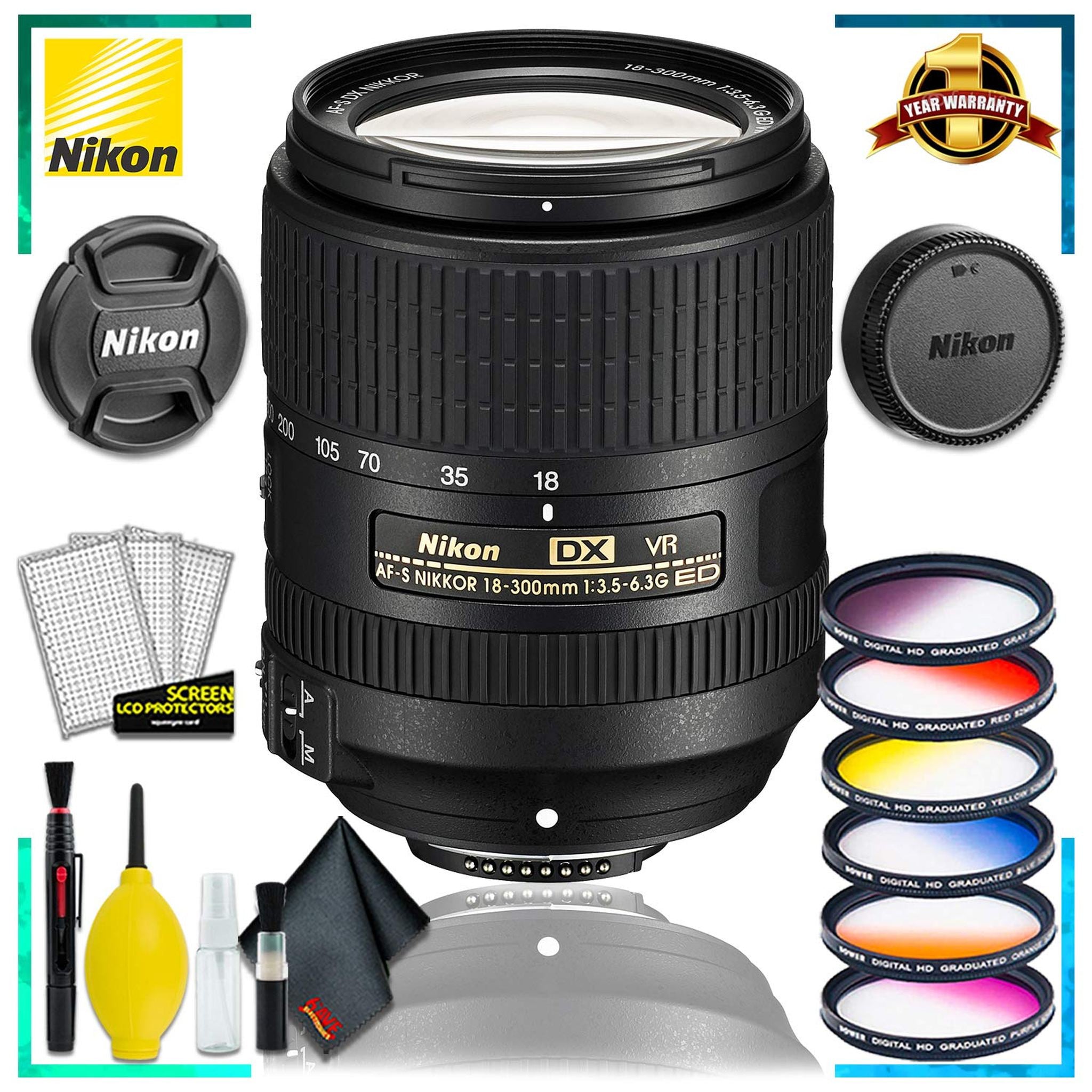 Nikon AF-S DX VR Nikkor 18-300MM Lens Intl Model + Vivitar Graduated Color Filter Set + Cleaning Kit Nikon