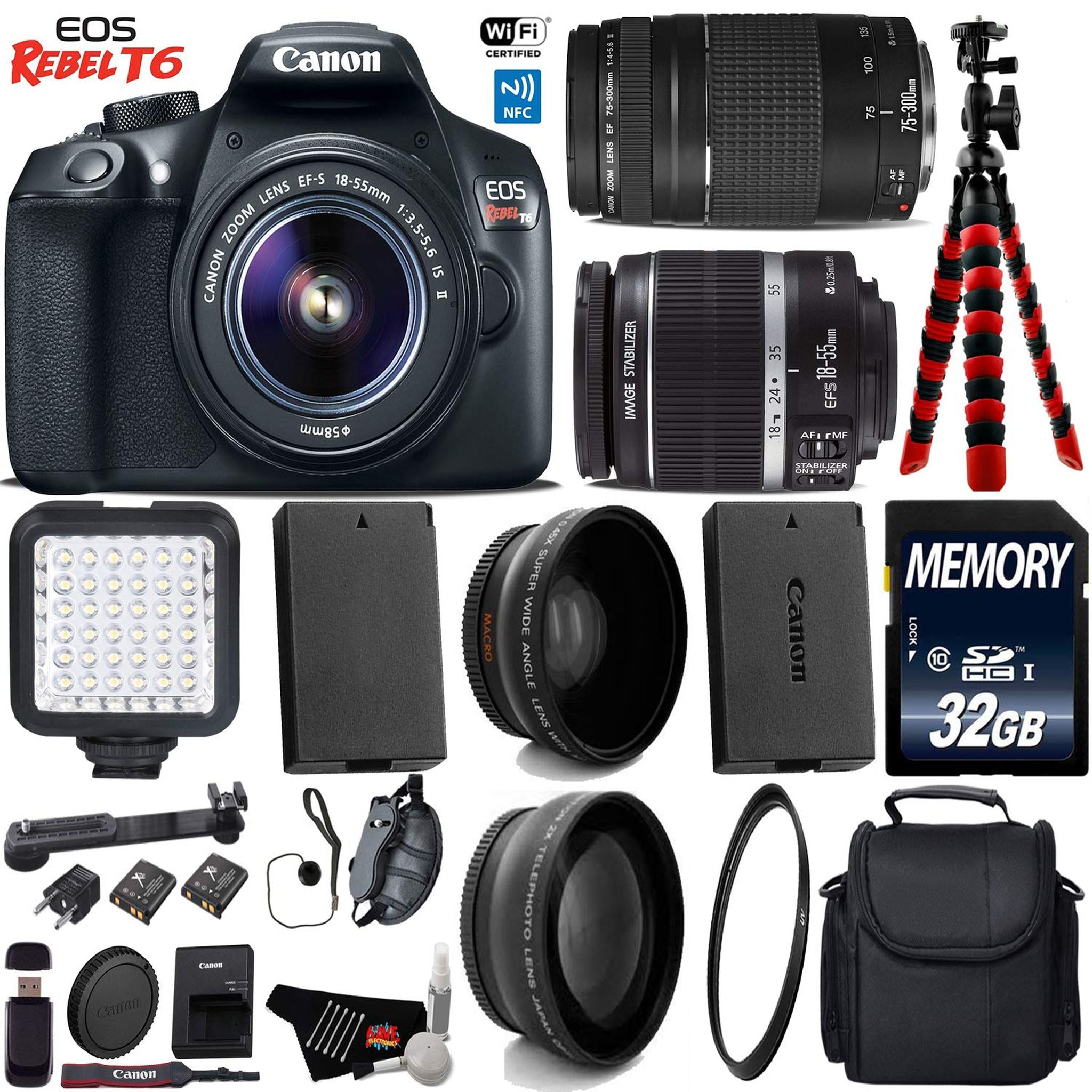 Canon EOS Rebel T6 DSLR Camera 18-55mm is II Lens & 75-300mm III Lens + LED + UV FLD CPL Filter Kit Starter Bundle Canon