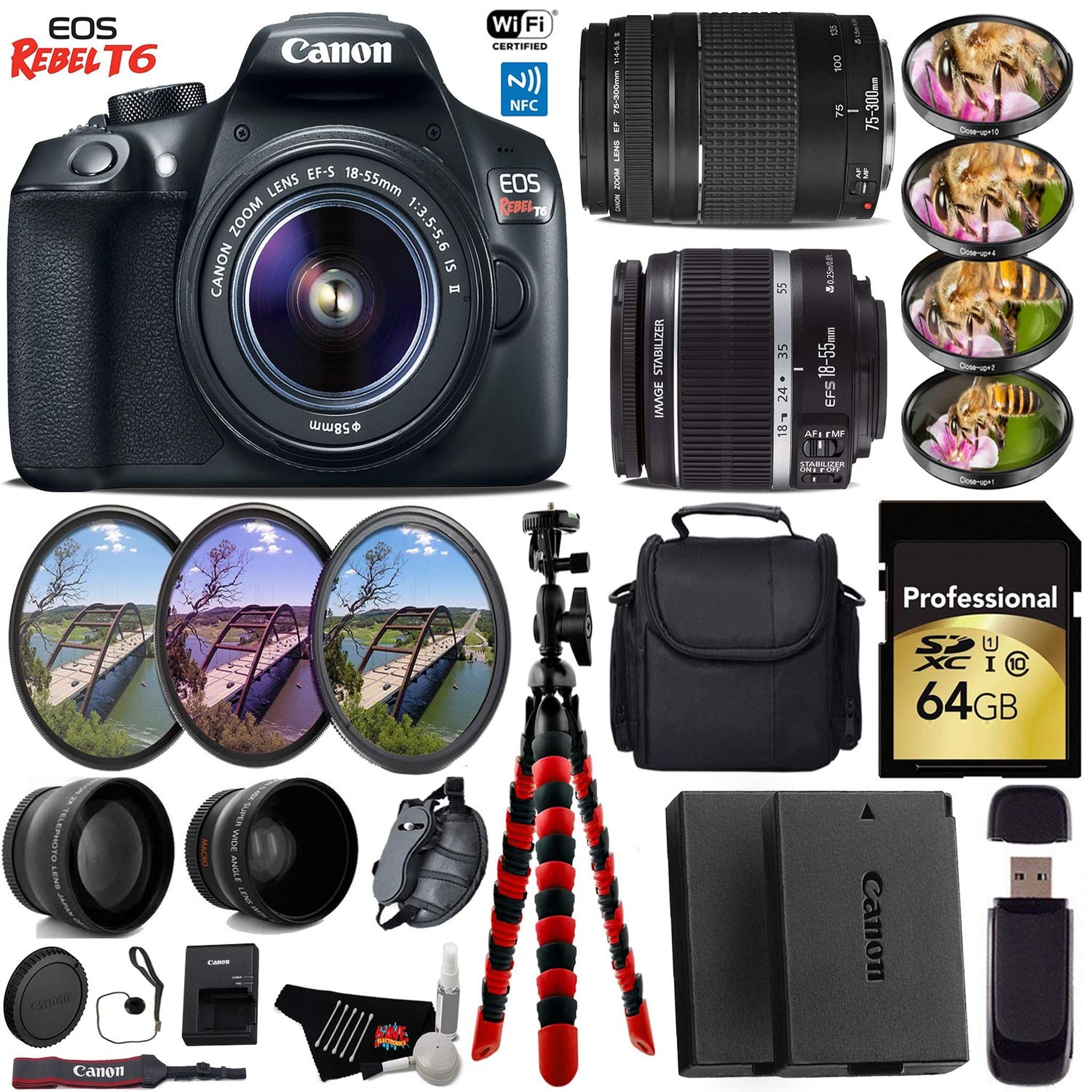 Canon EOS Rebel T6 DSLR Camera with 18-55mm is II Lens & 75-300mm III Lens + UV FLD CPL Filter Kit + 4 PC Macro Kit Pro Bundle Canon