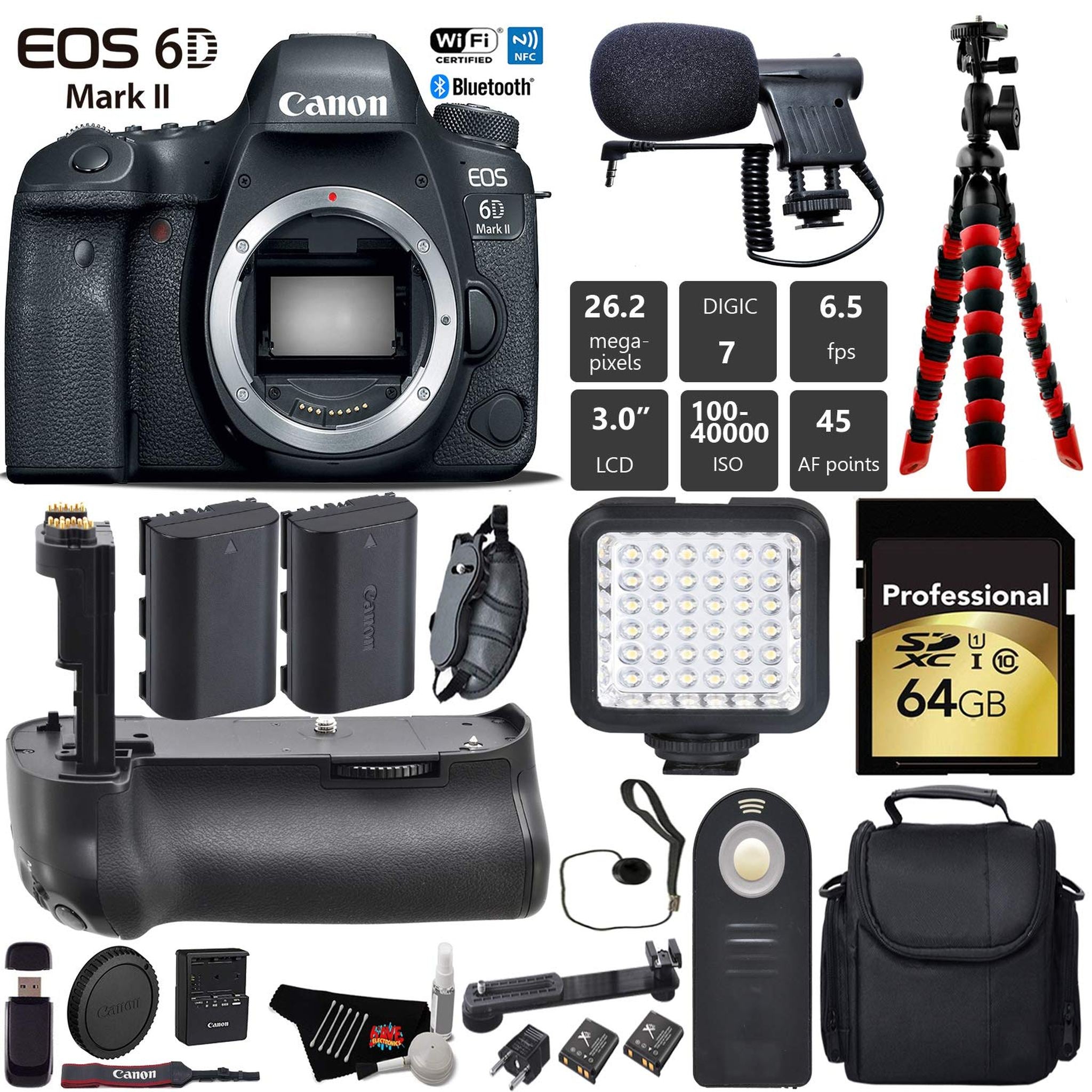 Canon EOS 6D Mark II DSLR Camera Body Only + Professional Battery Grip + Condenser Microphone + LED Kit + Extra Battery Pro Bundle Canon