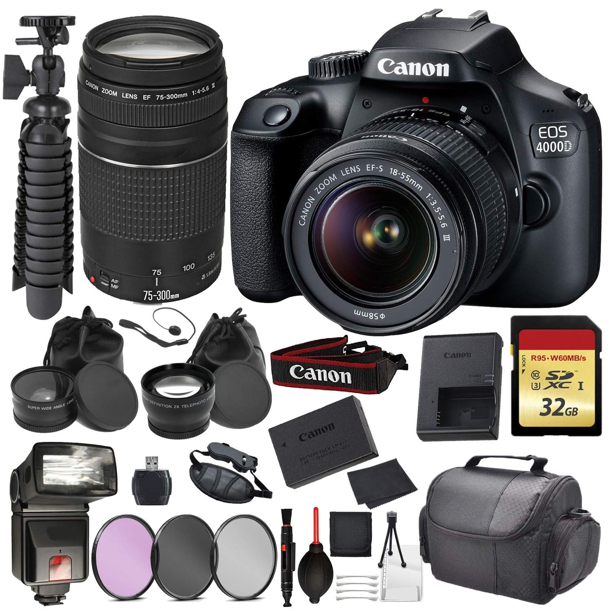 Canon EOS Rebel 4000D Digital SLR Camera with EF-S 18-55mm + EF 75-300mm Black Accessory Bundle Package Deal : 32gb SD Canon