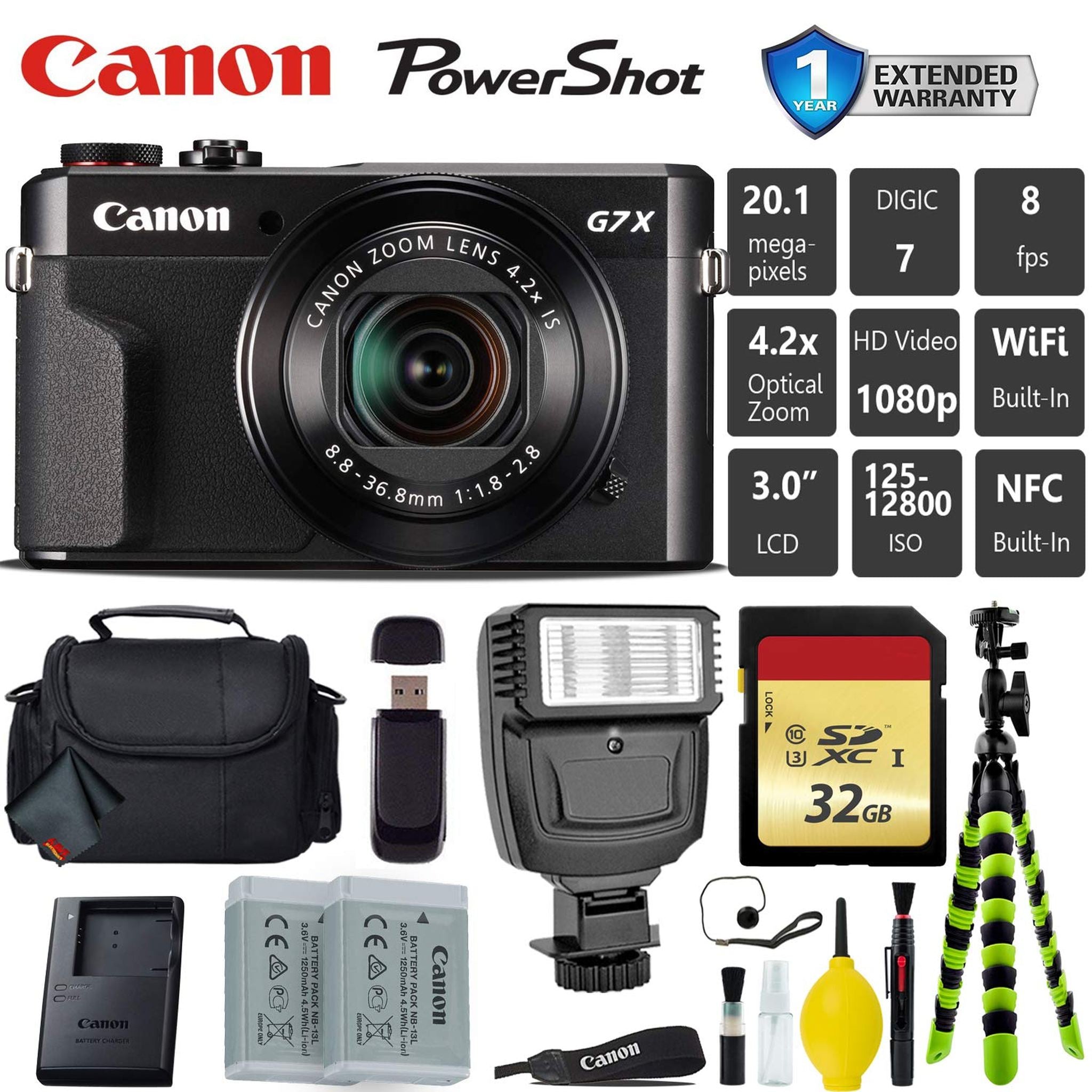 Canon PowerShot G7 X Mark II Point and Shoot Digital Camera + Extra Battery + Digital Flash + Camera Case + 32GB Class 1 Card Pro Bundle Canon