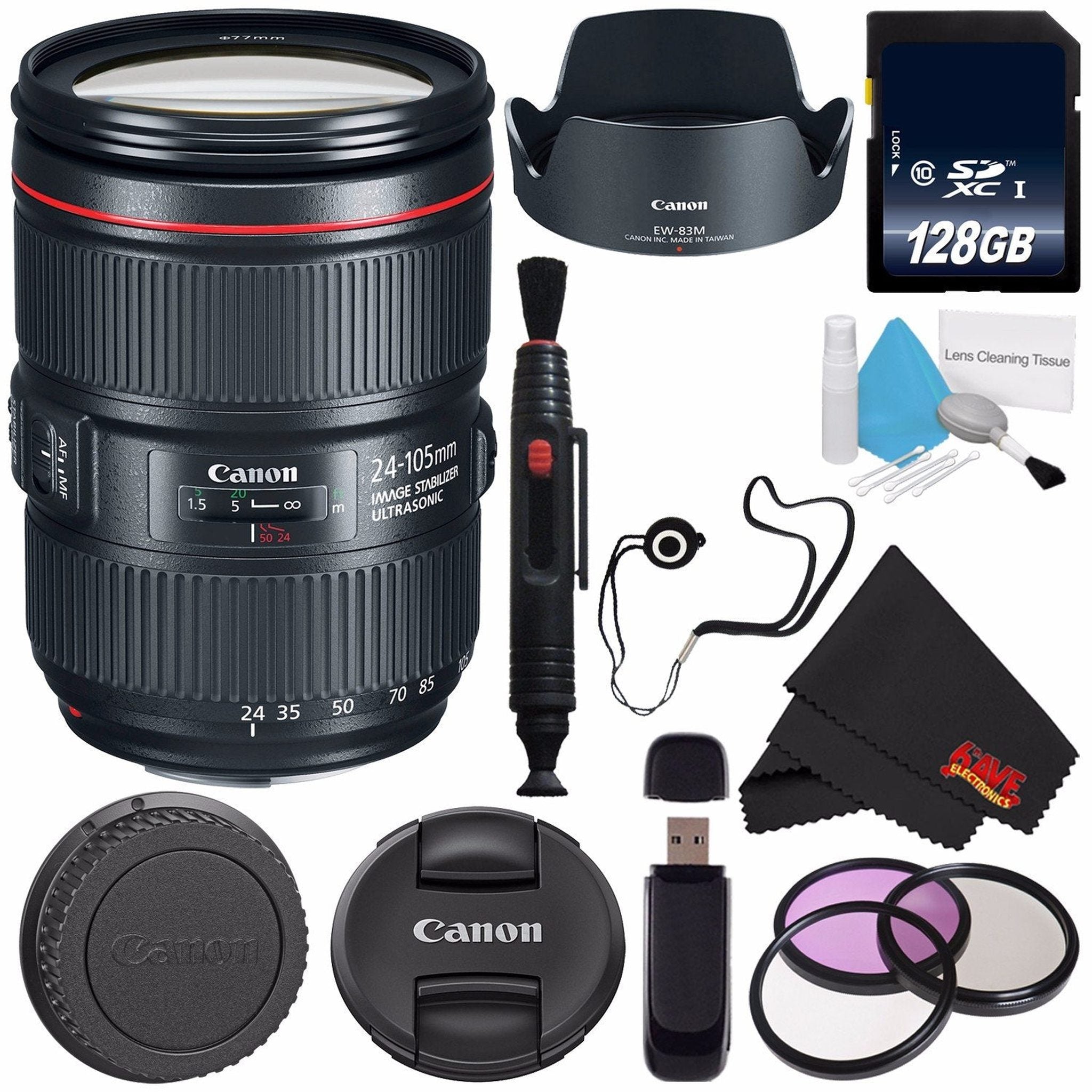 6Ave Canon EF 24-105mm f/4L IS II USM Lens 1380C002 White Box + 77mm 3 Piece Filter Kit + 128GB SDXC Class 10 Memory Card + SD Card USB Reader + Canon