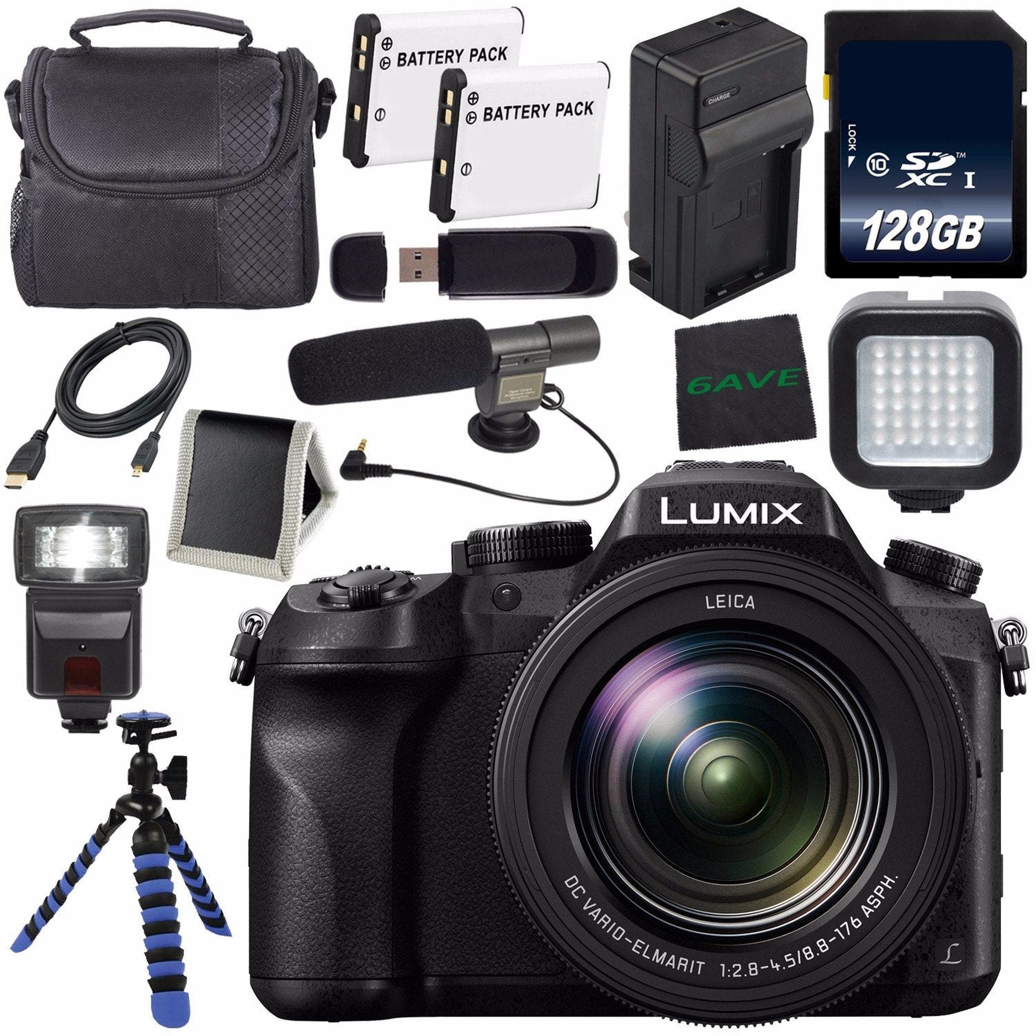 Panasonic Lumix DMC-FZ2500 Digital Camera International Model + Lithium Ion Battery + Charger + LED Light + 128GB SDXC Panasonic