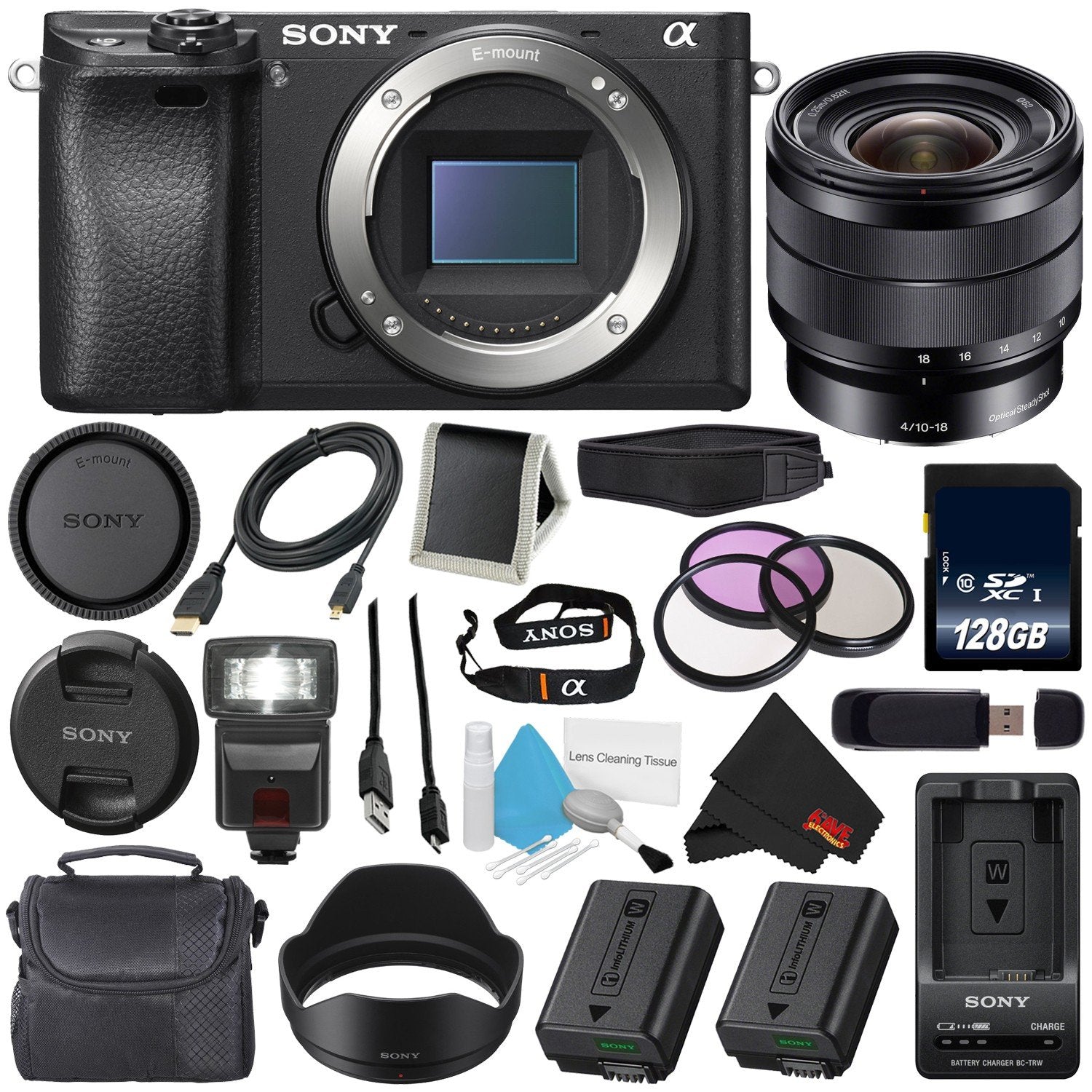 Sony Alpha a6300 Mirrorless Digital Camera International Model E 10-18mm f/4 OSS Lens + 62mm 3 Piece Filter Kit + NP-F Sony