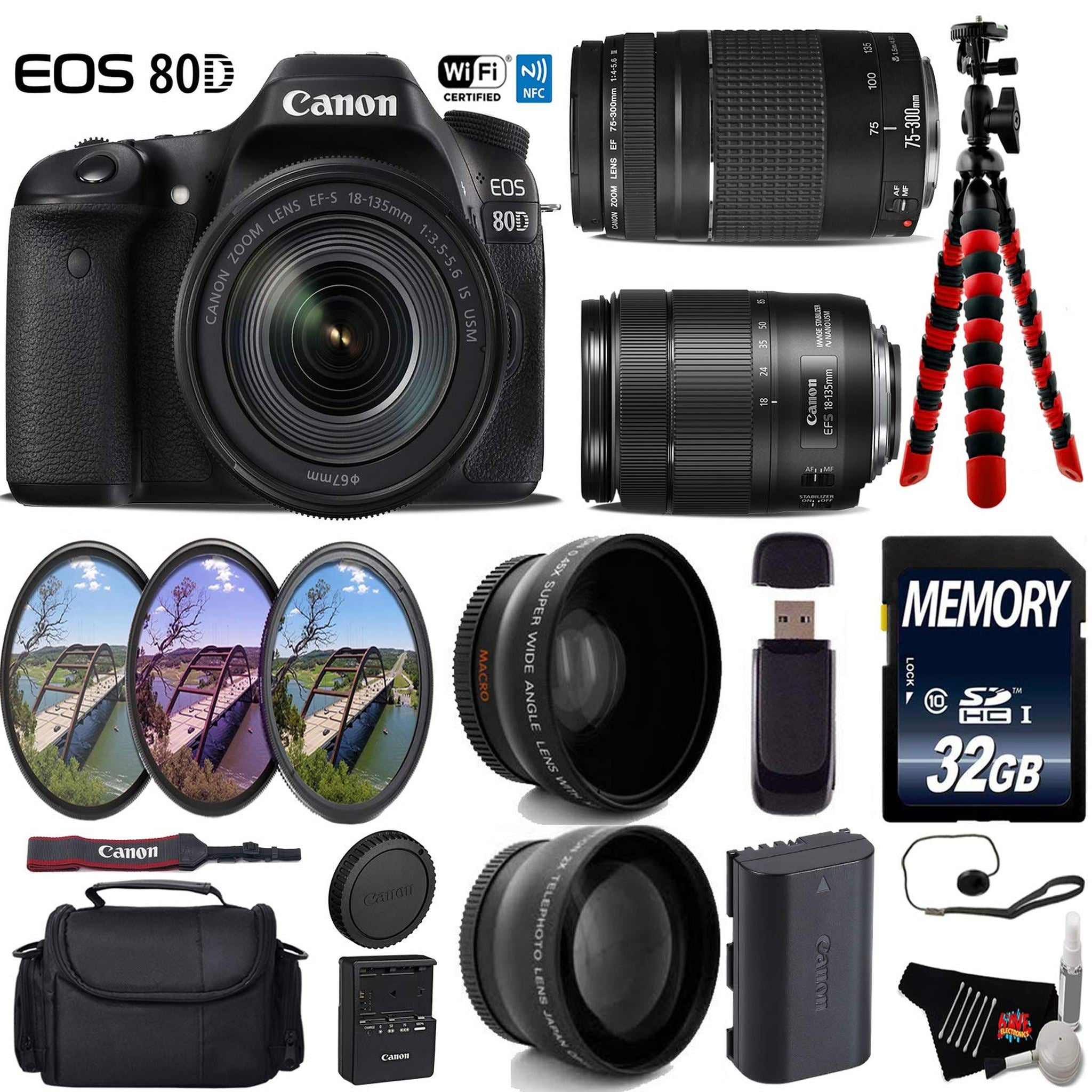 Canon EOS 80D DSLR Camera with 18-135mm is STM Lens & 75-300mm III Lens + UV FLD CPL Filter Kit Ultimate Bundle Canon