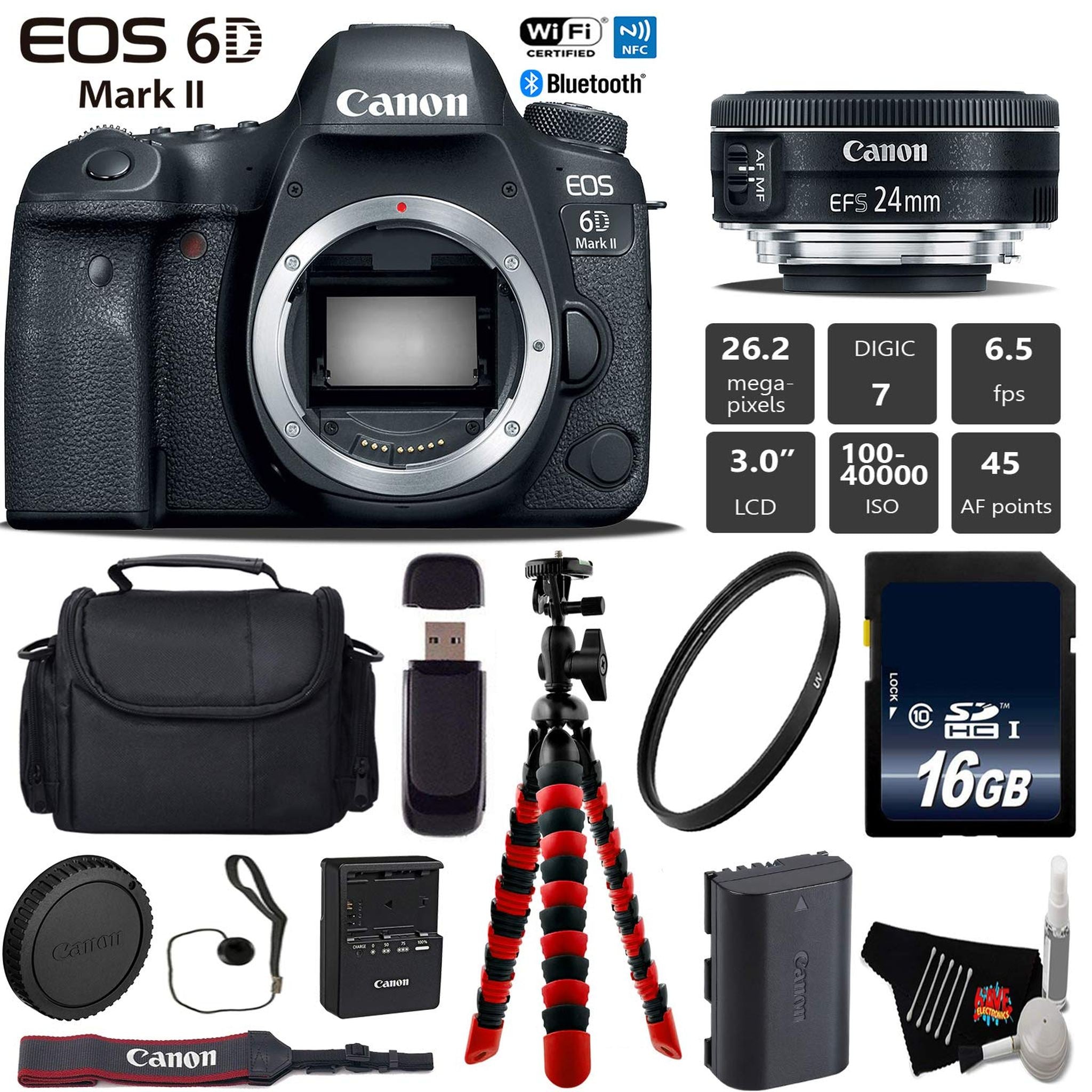 Canon EOS 6D Mark II DSLR Camera with 24mm f/2.8 STM Lens + Wireless Remote + UV Protection Filter + Case + Wrist Strap Base Bundle Canon