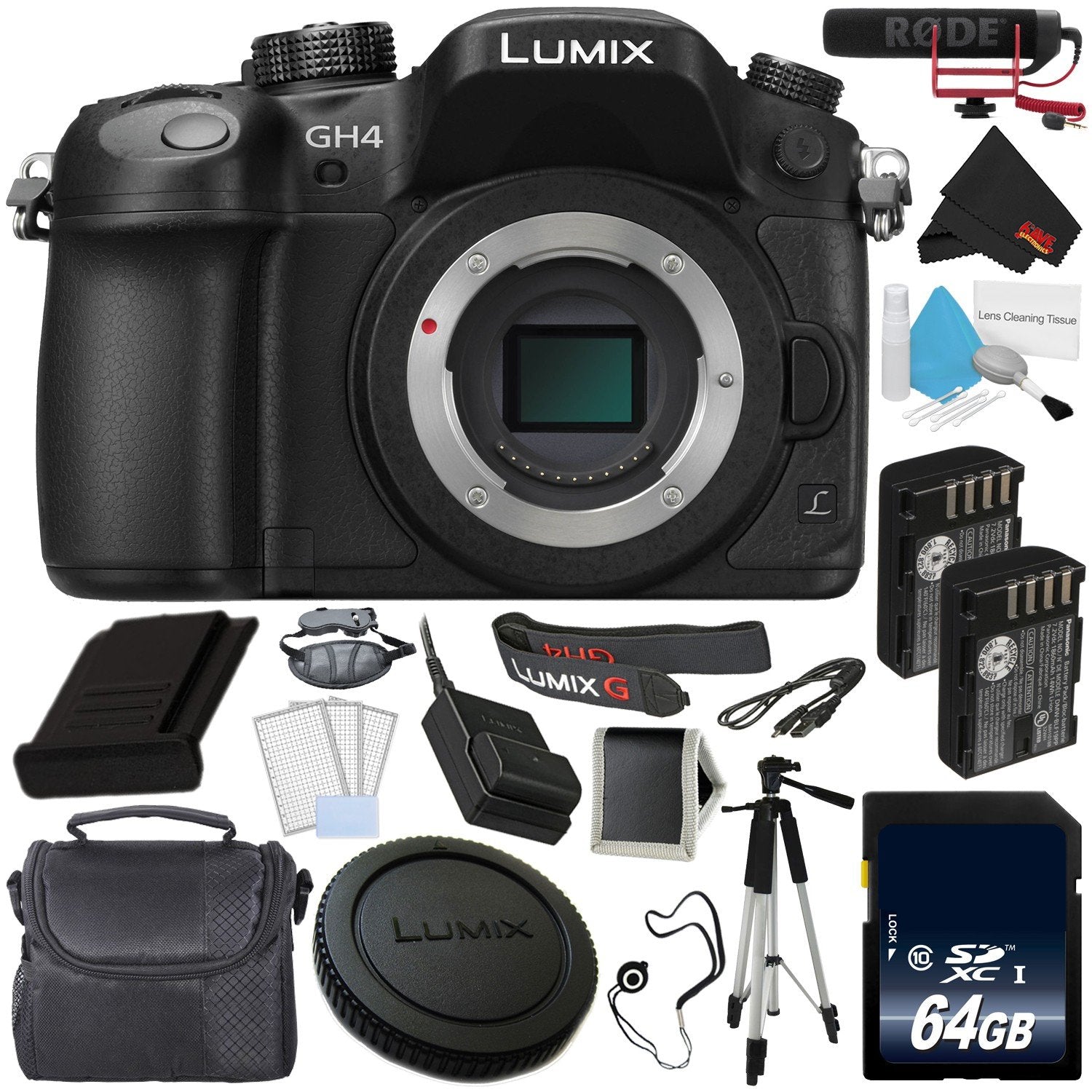 Panasonic DMC-GH4 Digital Camera + 64GB Memory Card + DMW-BLF19 Lithium Ion Battery + Rode VideoMic with Rycote Lyre Sus Panasonic