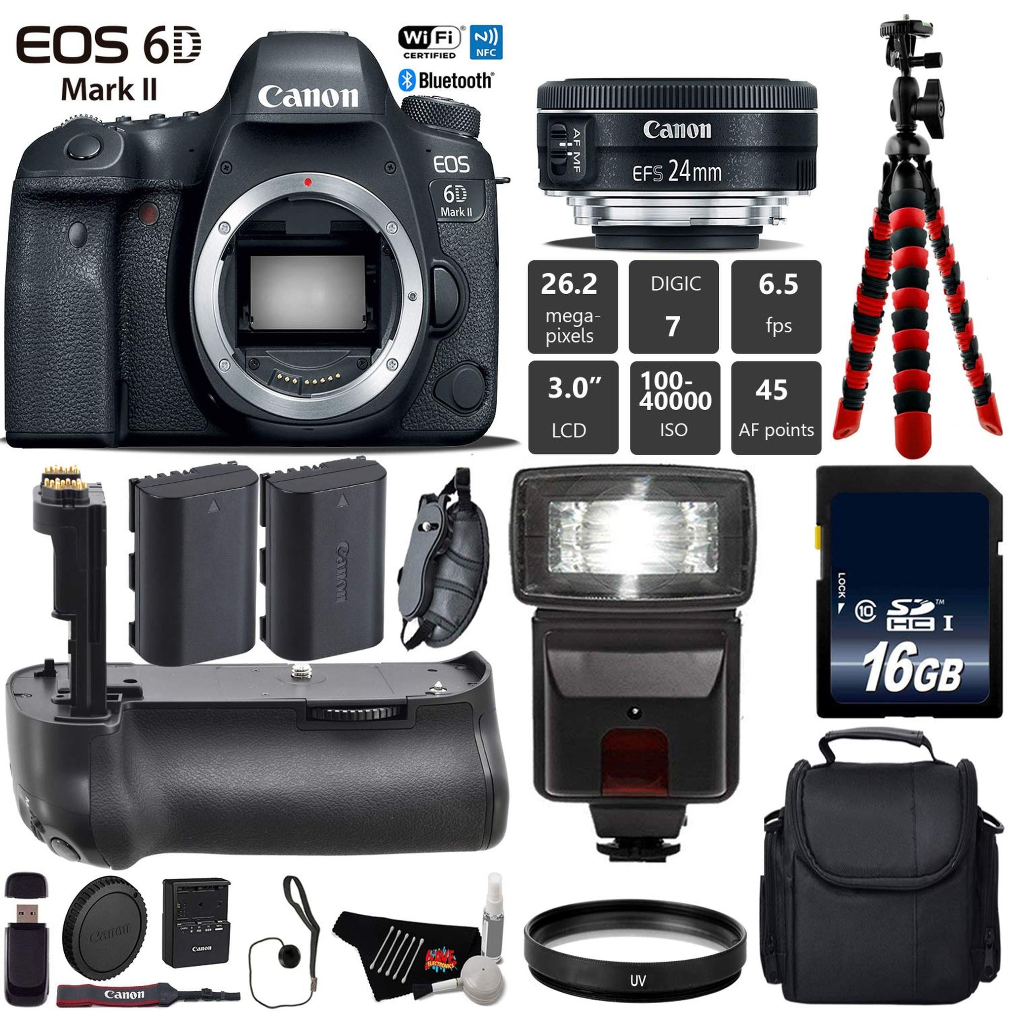 Canon EOS 6D Mark II DSLR Camera With 24mm f/2.8 STM Lens + Professional Battery Grip + UV Protection Filter + Flash Base Bundle Canon