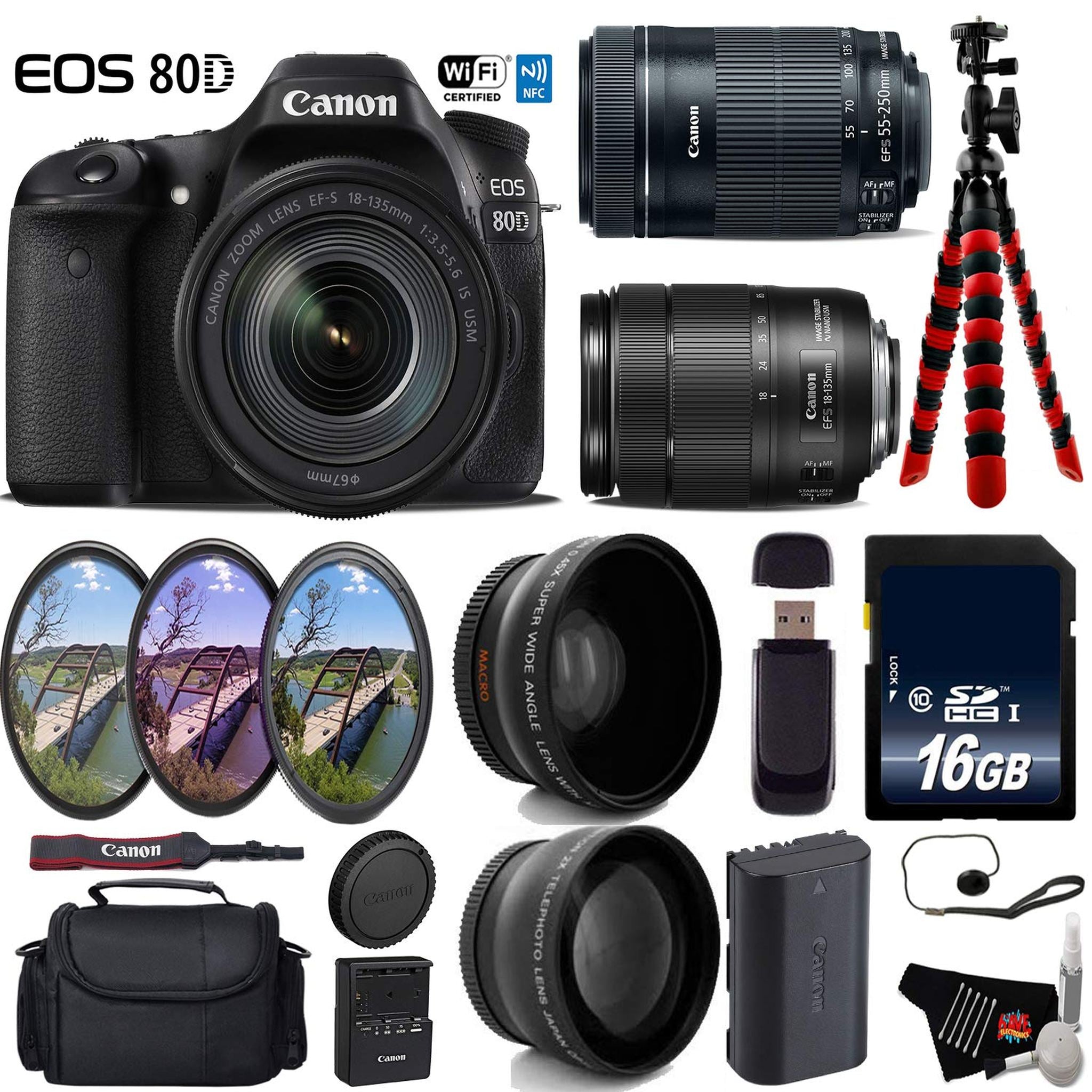 Canon EOS 80D DSLR Camera with 18-135mm is STM Lens & 55-250mm is STM Lens + UV FLD CPL Filter Kit Advanced Bundle Canon