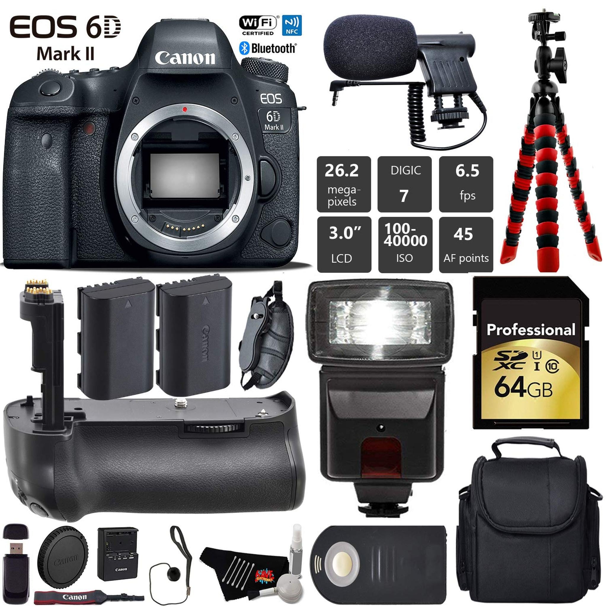 Canon EOS 6D Mark II DSLR Camera Body Only + Professional Battery Grip + Condenser Microphone + Flash + Extra Battery Pro Bundle Canon