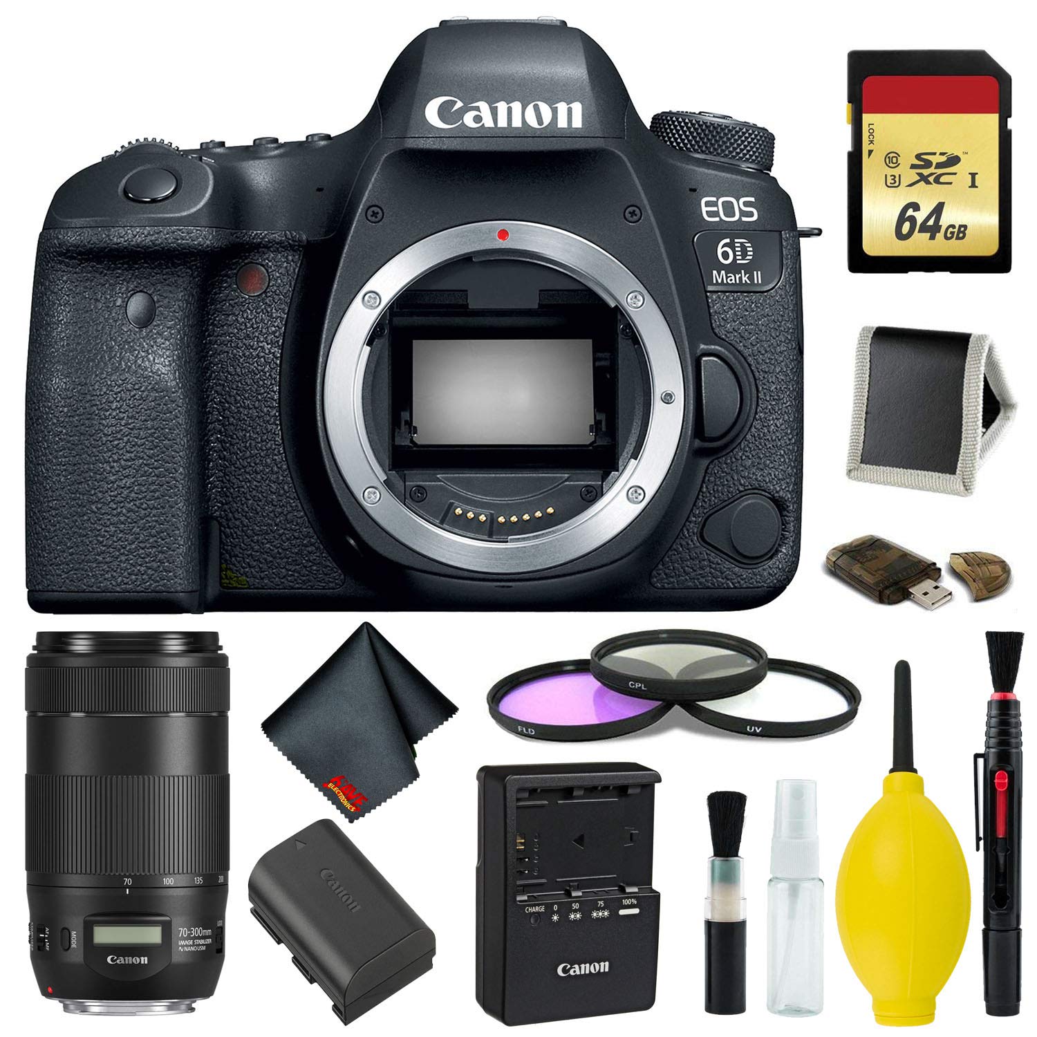 Canon EOS 6D Mark II DSLR Camera Body Only Complete Kit International Model w/Canon EF 70-300mm f/4-5.6 is II USM Lens Canon