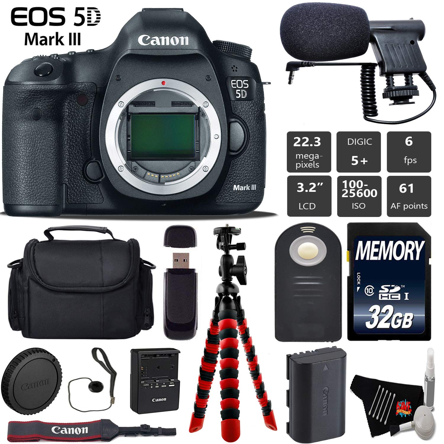 Canon EOS 5D Mark III DSLR Camera Body Only + Wireless Remote + Condenser Microphone + Case + Wrist Strap + Tripod Starter Bundle Canon