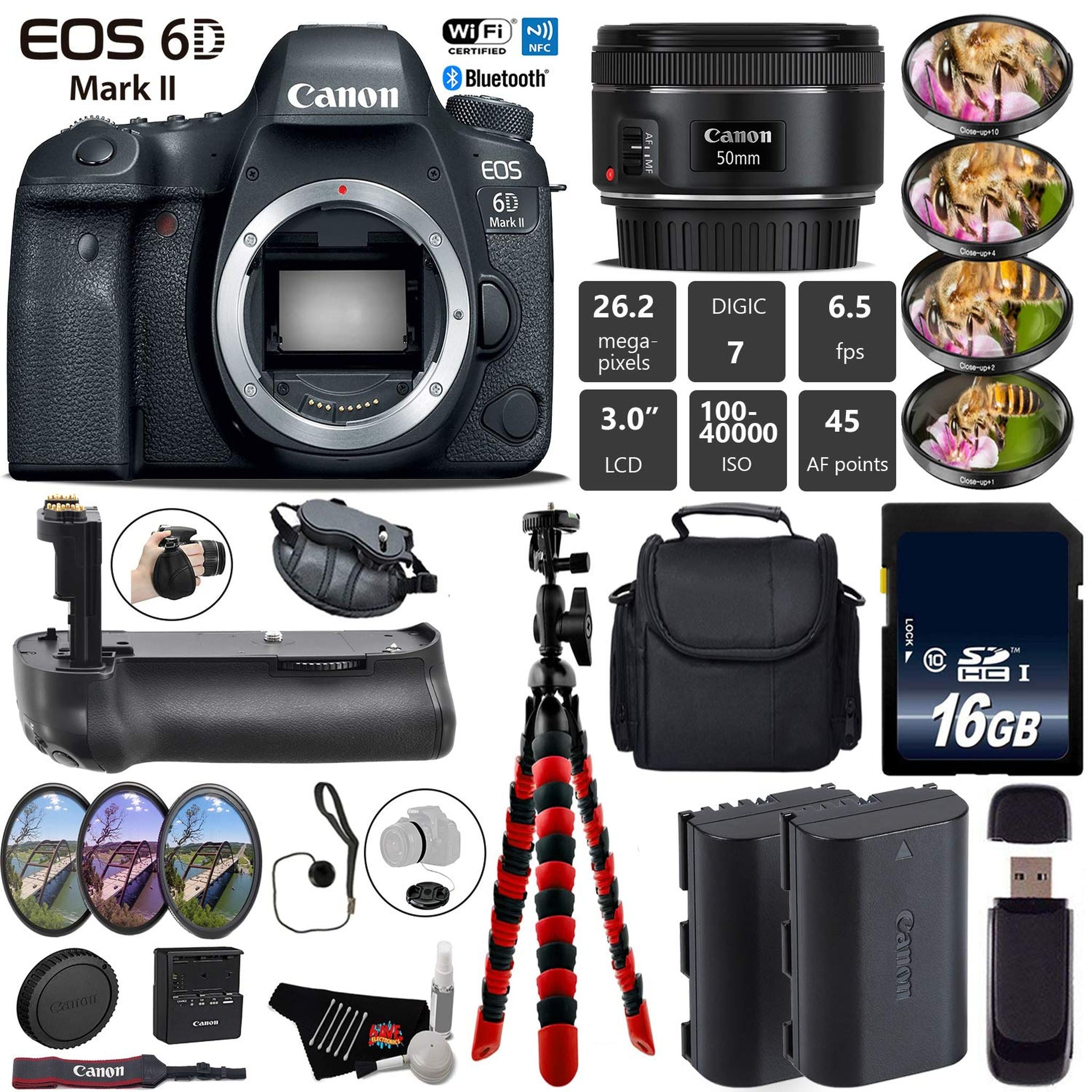 Canon EOS 6D Mark II DSLR Camera With 50mm 1.8 STM Lens + Professional Battery Grip + 4PC Macro Filter Kit + LED Kit Base Bundle Canon