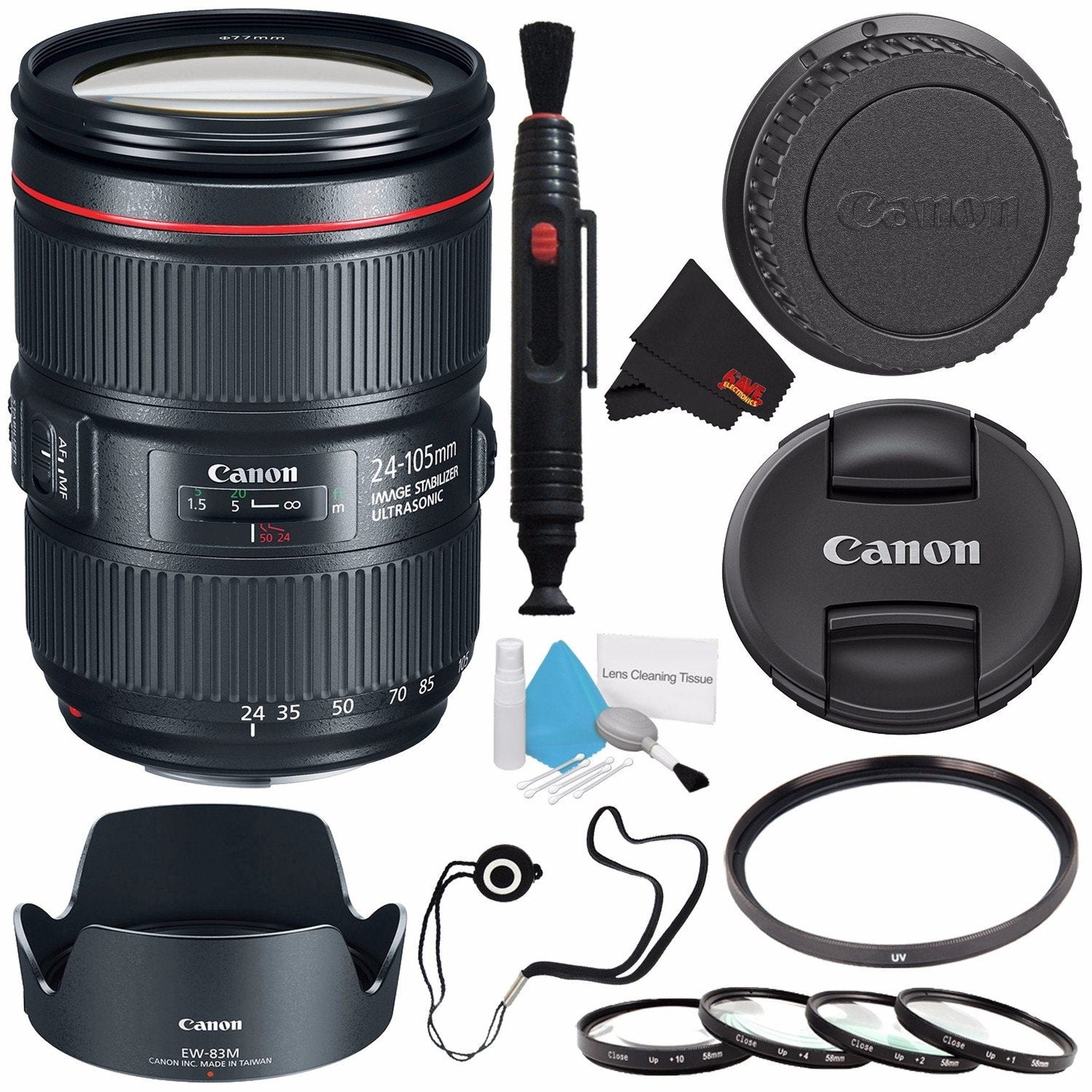 6Ave Canon EF 24-105mm f/4L IS II USM Lens 1380C002 White Box + 77mm UV Filter + 77mm Macro Close Up Kit + Lens Cleaning Pen + MicroFiber Cloth + Canon