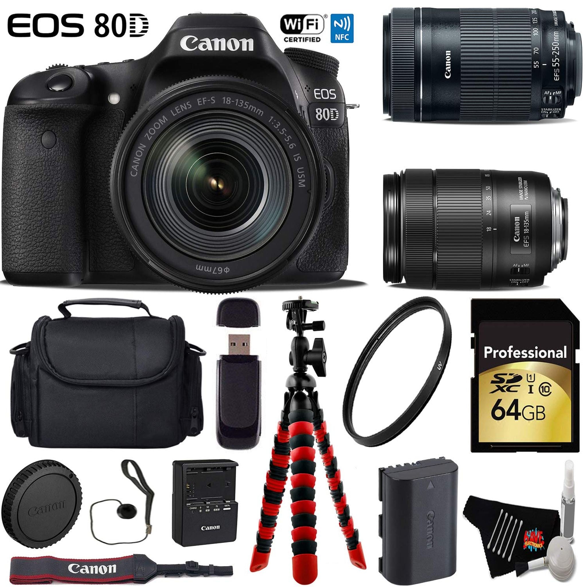 Canon EOS 80D DSLR Camera with 18-135mm is STM Lens & 55-250mm is STM Lens + Flexible Tripod + UV Protection Filter Ultimate Bundle Canon