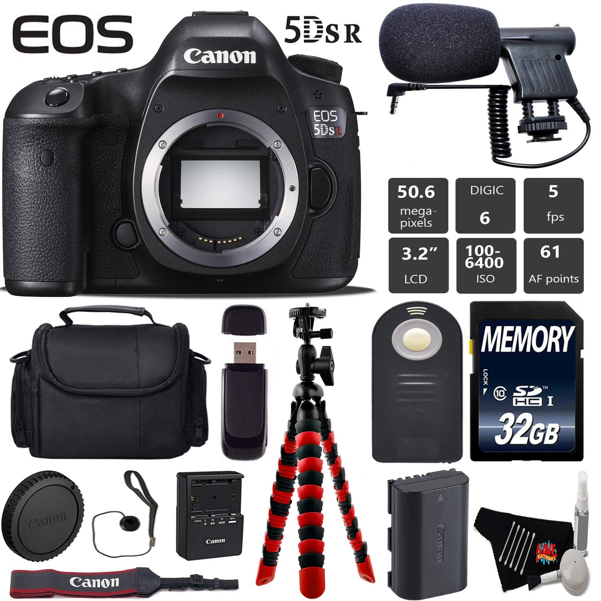 Canon EOS 5DS R DSLR Camera Body Only + Wireless Remote + Condenser Microphone + Case + Wrist Strap + Tripod Starter Bundle Canon