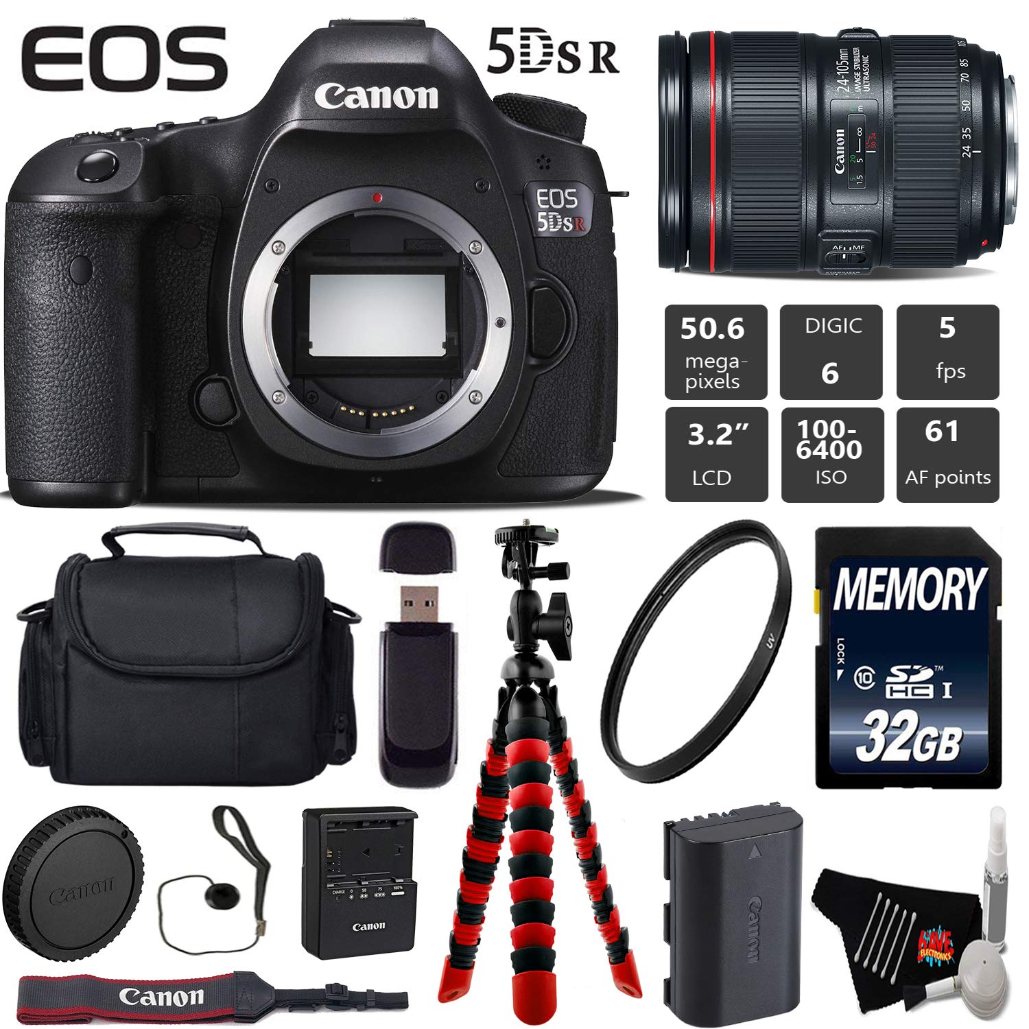 Canon EOS 5DS R DSLR Camera with 24-105mm f/4L II Lens + Wireless Remote + UV Protection Filter + Case + Wrist Strap + T Canon