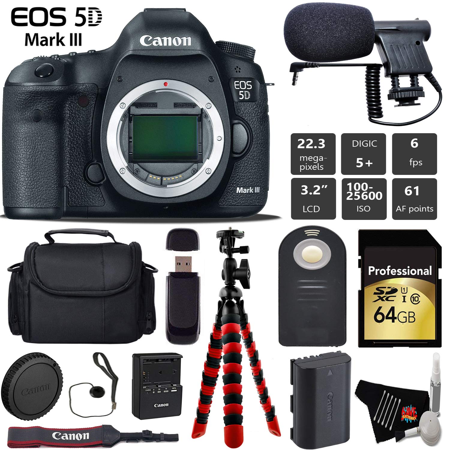 Canon EOS 5D Mark III DSLR Camera Body Only + Wireless Remote + Condenser Microphone + Case + Wrist Strap + Tripod Pro Bundle Canon