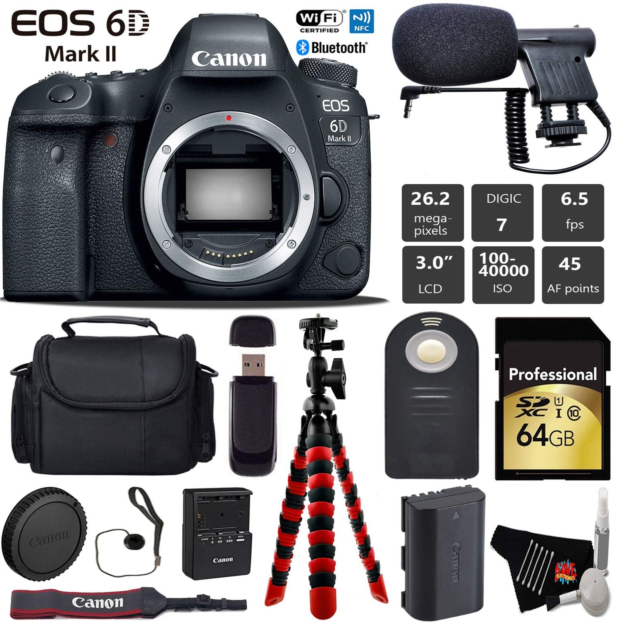 Canon EOS 6D Mark II DSLR Camera Body Only + Wireless Remote + Condenser Microphone + Case + Wrist Strap + Tripod Pro Bundle Canon