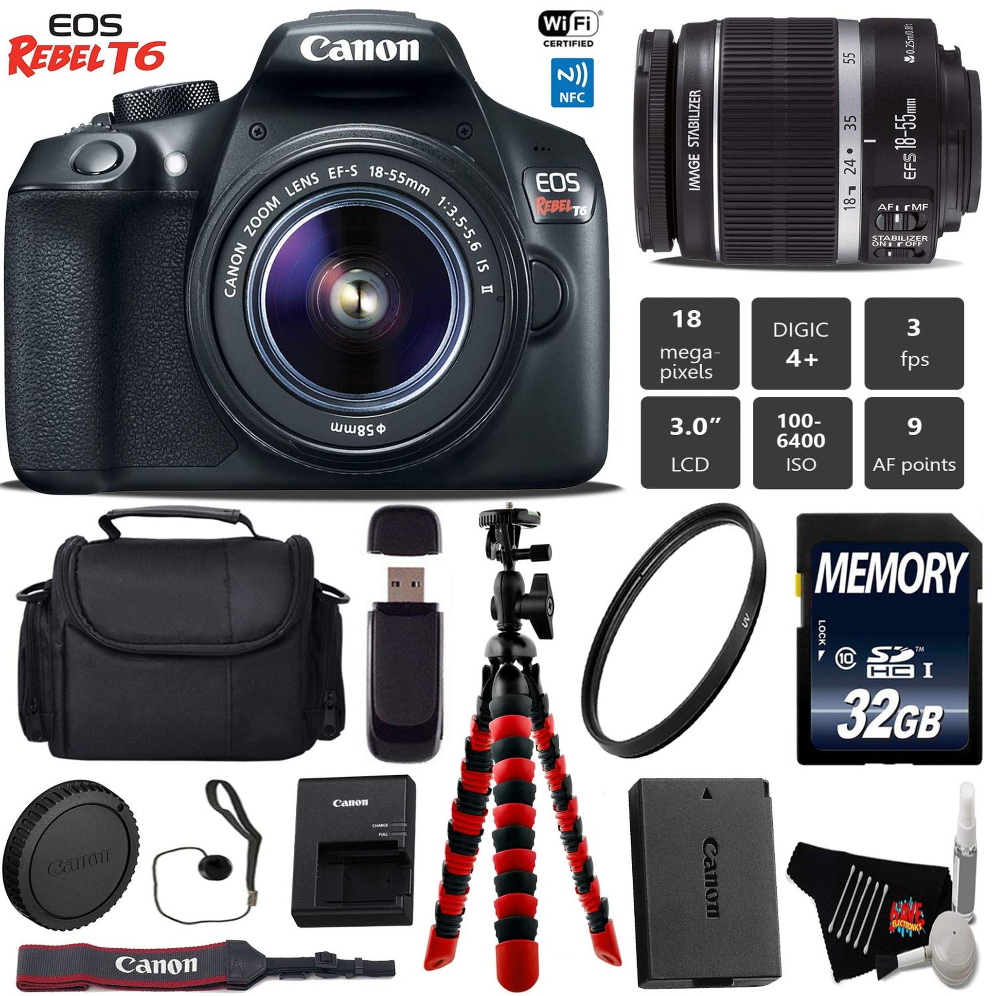 Canon EOS Rebel T6 DSLR Camera 18-55mm is II Lens + Flexible Tripod + UV Protection Filter + Professional Case Starter Bundle Canon