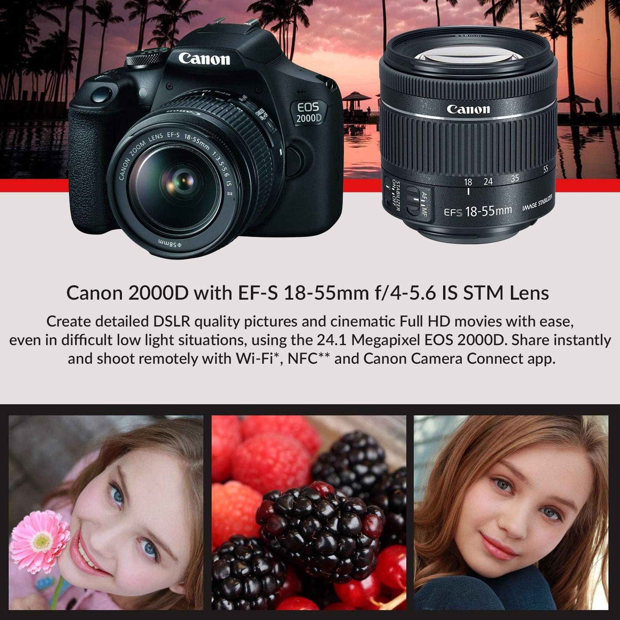 Canon EOS 2000D / Rebel T7 DSLR Camera and EF-S 18-55mm f/3.5-5.6 IS DC III Lens + 32GB Memory Card + Camera Bag + Cleaning Kit + Table Tripod + Filters - Intl Model Canon