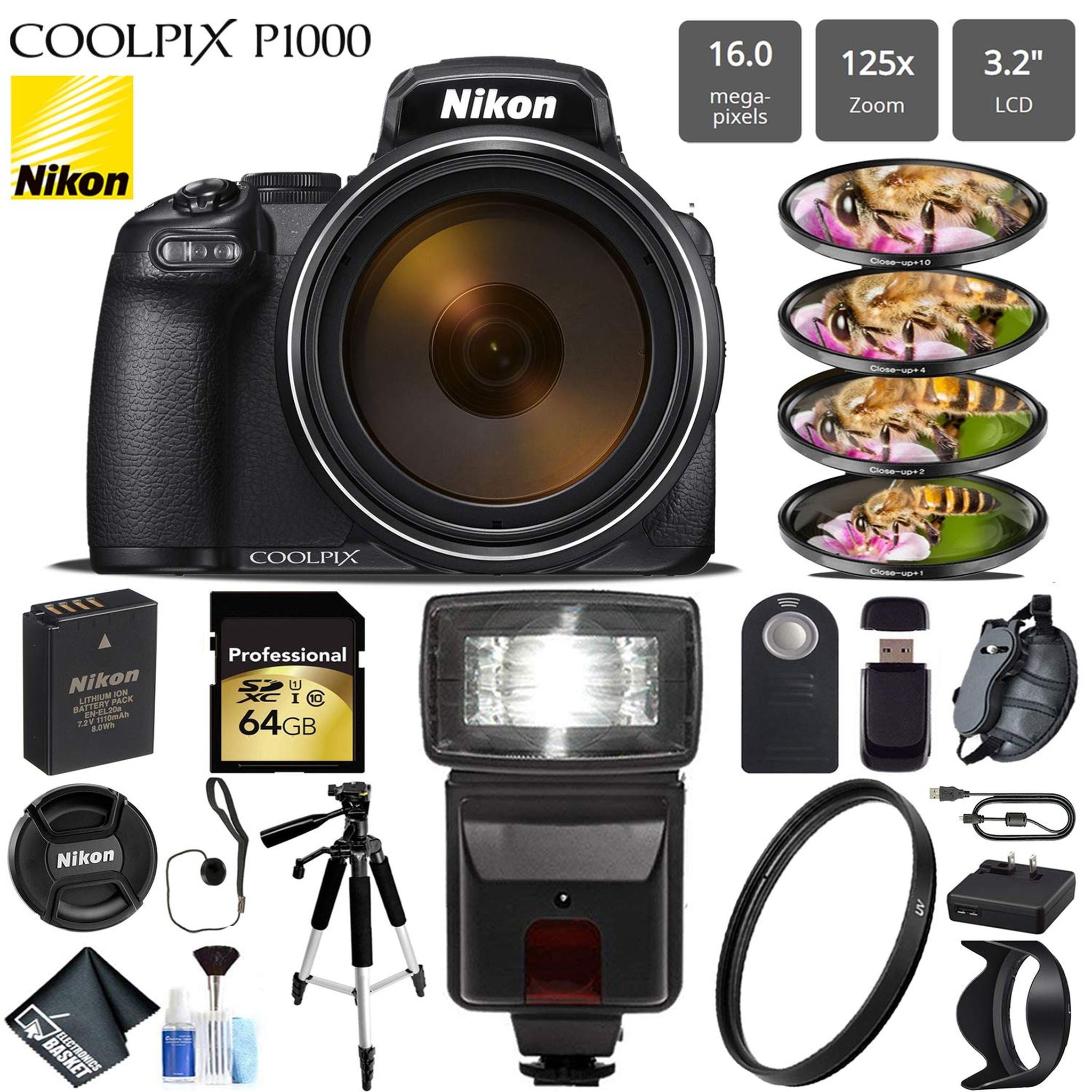 Nikon COOLPIX P1000 Digital Camera 16MP 125x Optical Zoom & Build in Wi-Fi + Slave Flash + Macro Filter Kit + UV Protection Filter + Wireless Remote + Tripod - Intl Model Nikon