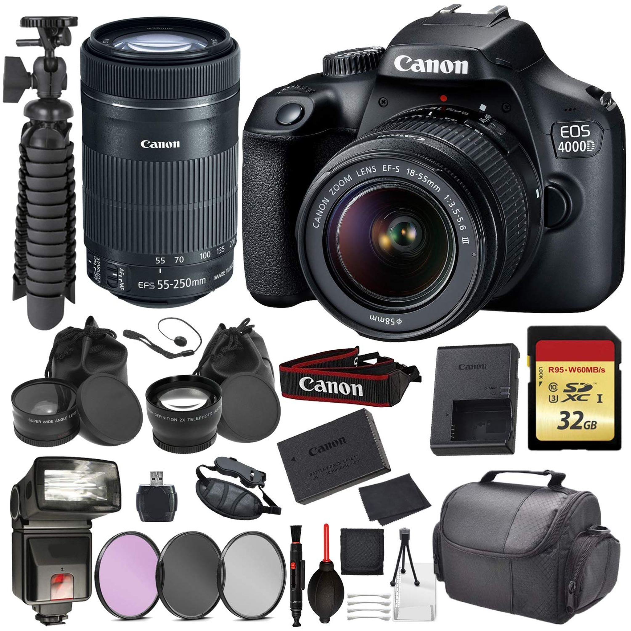 Canon EOS Rebel 4000D Digital SLR Camera with EF-S 18-55mm + EF-S 55-250mm STM Black Essential Accessory Bundle Packag Canon