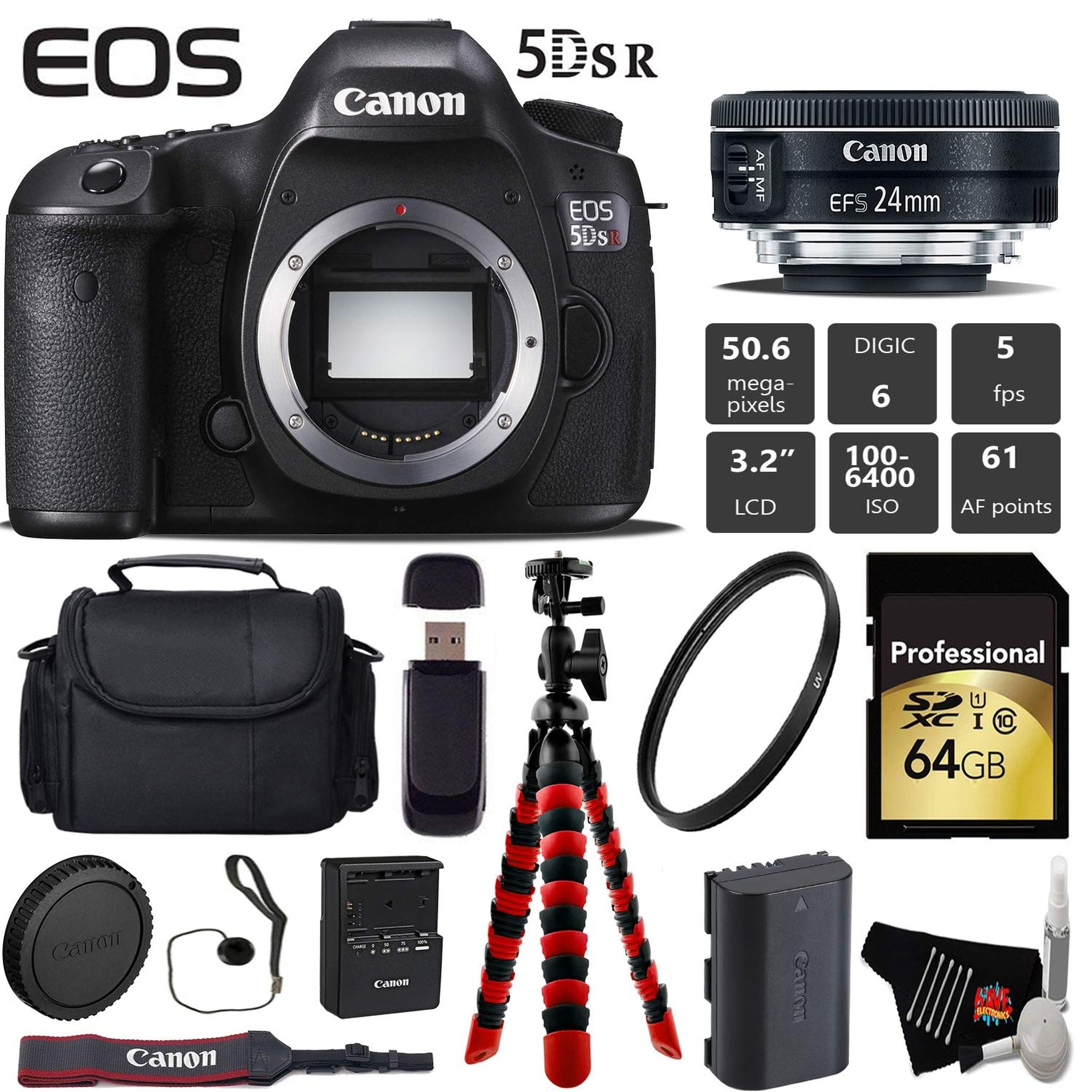 Canon EOS 5DS R DSLR Camera with 24mm f/2.8 STM Lens + Wireless Remote + UV Protection Filter + Case + Wrist Strap + Tri Canon