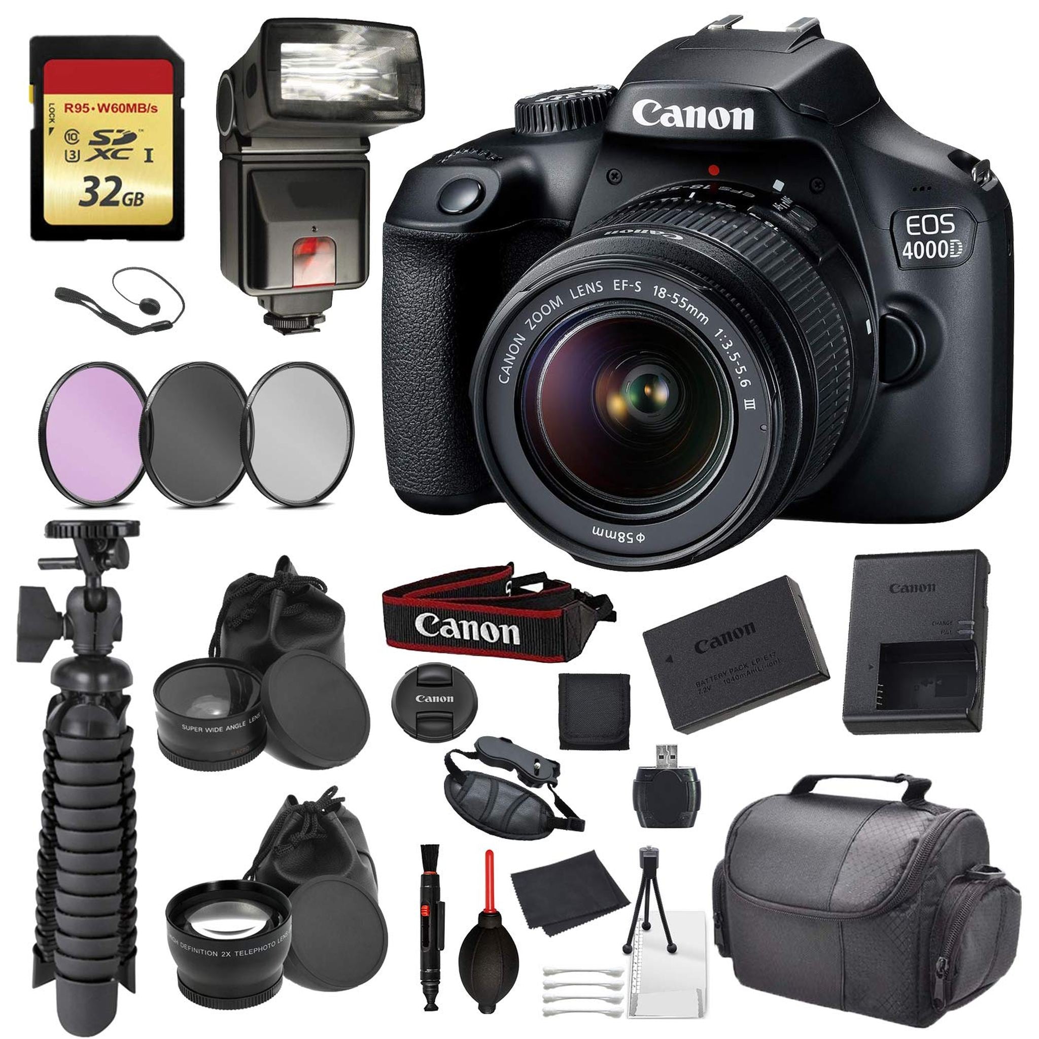 Canon EOS Rebel 4000D Digital SLR Camera with EF-S 18-55mm f/3.5-5.6 DC III Lens Kit Rebel T100 Accessory Bundle Packa Canon