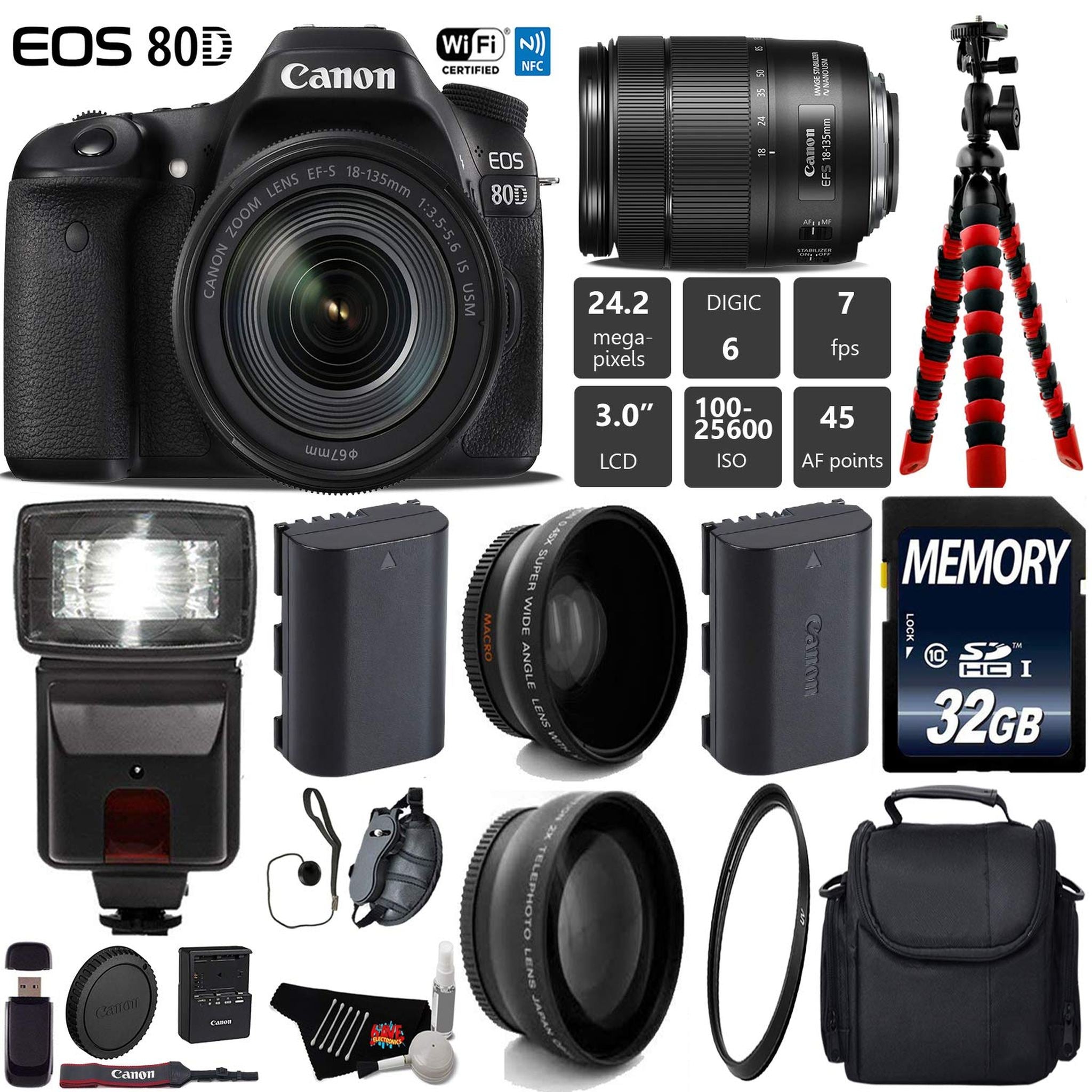 Canon EOS 80D DSLR Camera with 18-135mm is STM Lens + Flash + UV FLD CPL Filter Kit + Wide Angle & Telephoto Lens Starter Bundle Canon