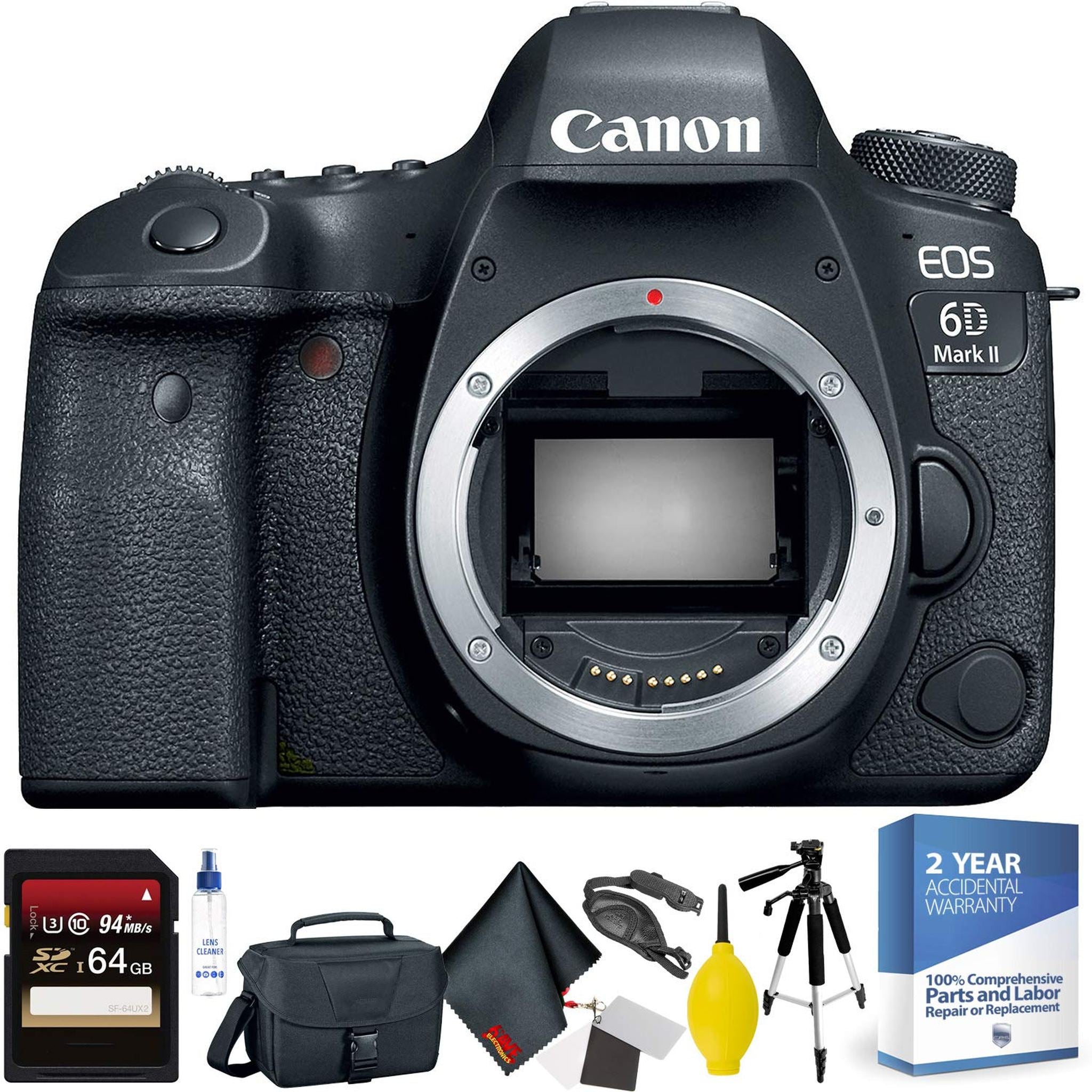 Canon EOS 6D Mark II DSLR Camera Body Only + 64GB Memory Card + Mega Accessory Kit + 2 Year Accidental Warranty Base Bundle Canon