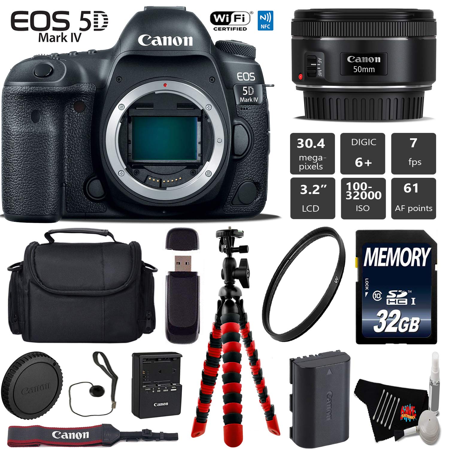 Canon EOS 5D Mark IV DSLR Camera with 50mm f/1.8 STM Lens + Wireless Remote + UV Protection Filter + Case + Wrist Strap Starter Bundle Canon