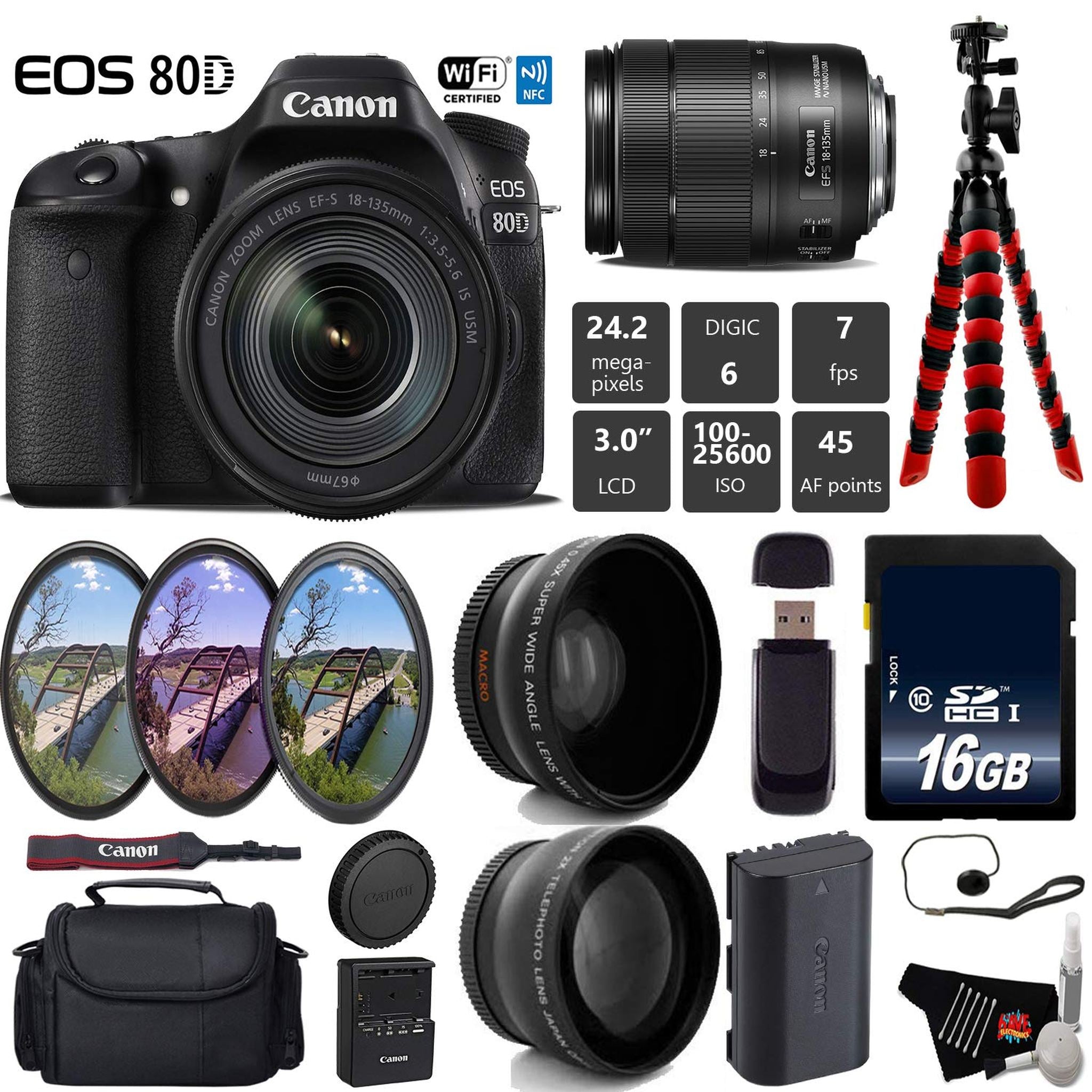 Canon EOS 80D DSLR Camera with 18-135mm is STM Lens + UV FLD CPL Filter Kit + Wide Angle & Telephoto Lens + Camera Case Base Bundle Canon