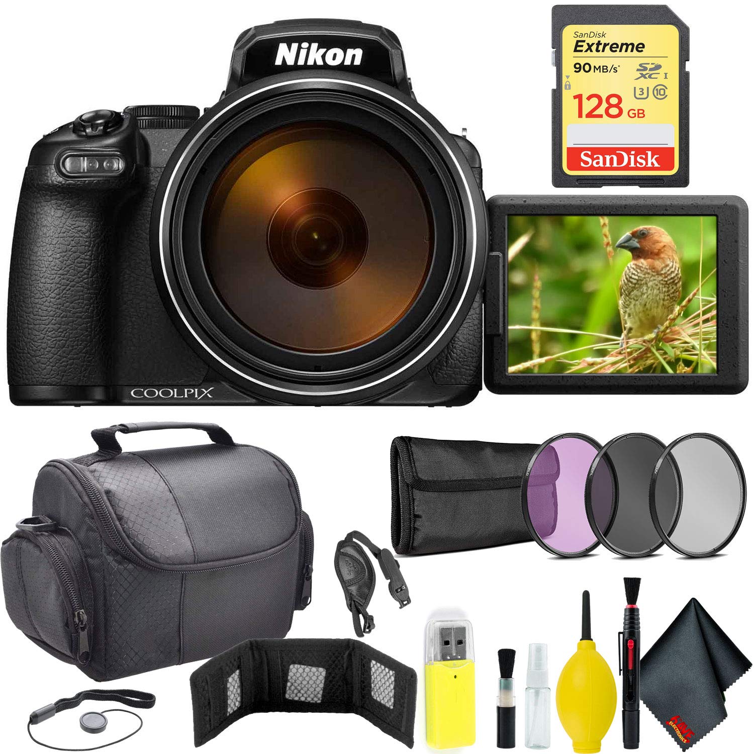 Nikon COOLPIX P1000 Digital Camera + 128GB Sandisk Extreme Memory Card Travel Bundle International Model Nikon