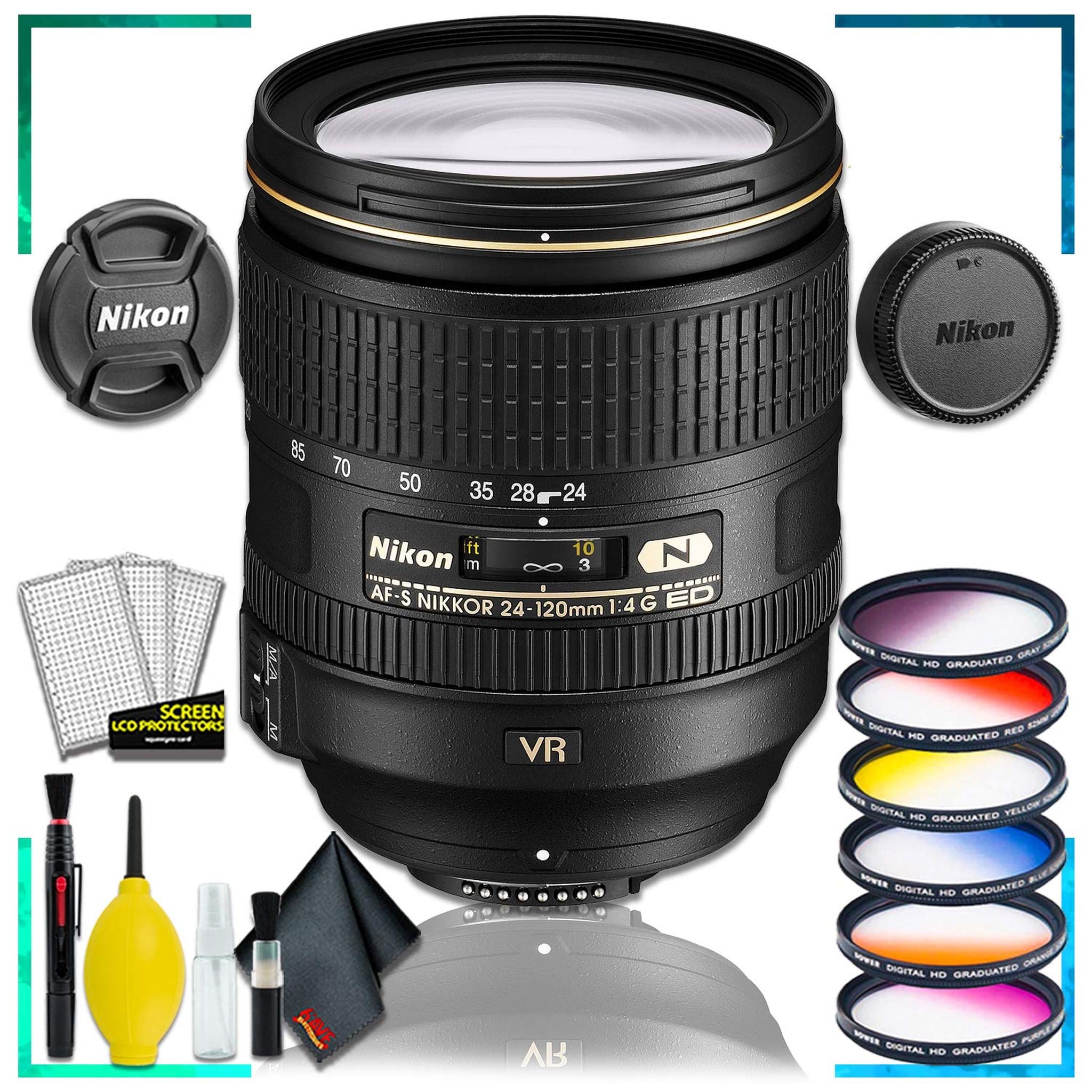 Nikon AF-S NIKKOR 24-120mm f.4G ED VR Lens Intl Model + Vivitar Graduated Color Lens Filter Kit + Cleaning Kit Nikon