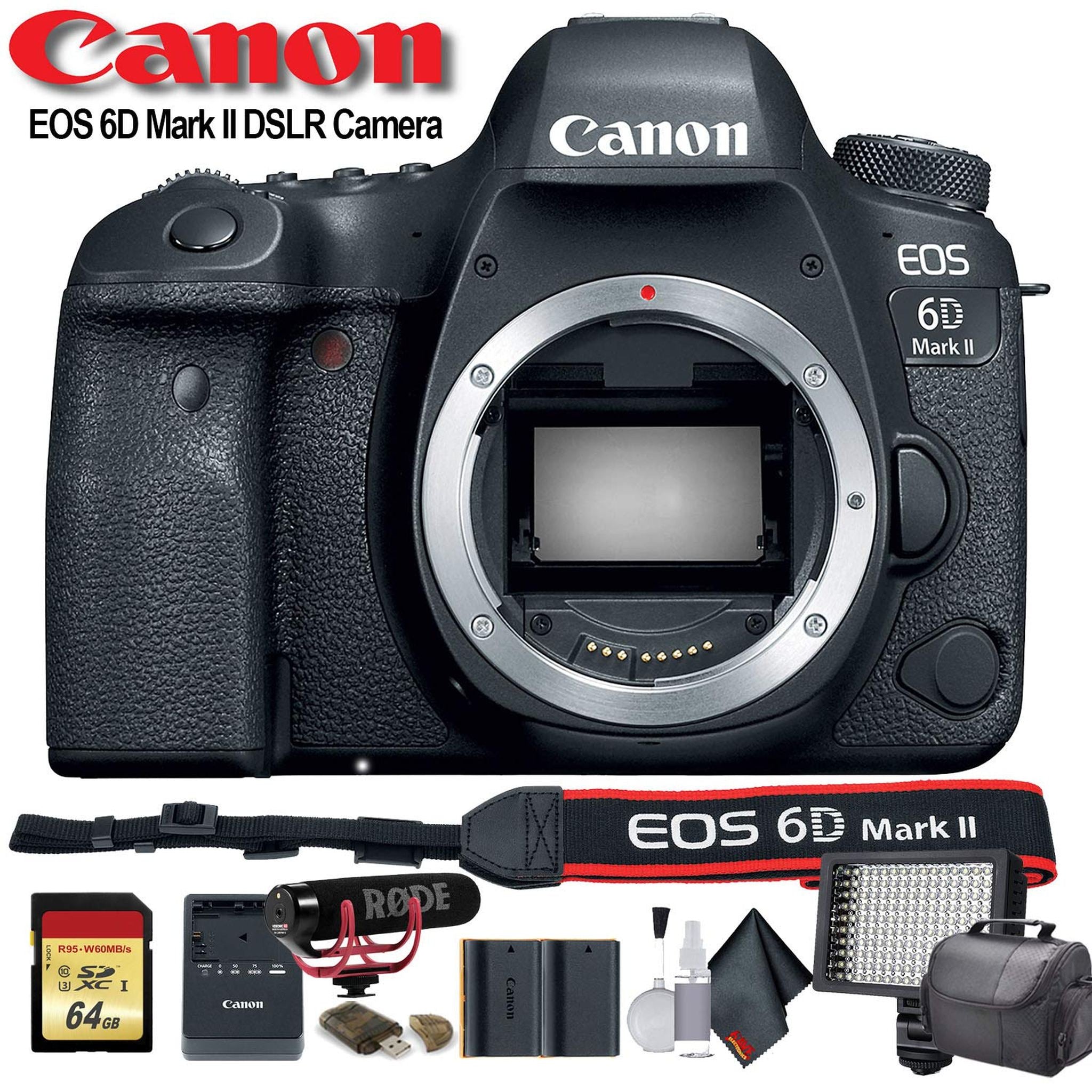 Canon EOS 6D Mark II DSLR Camera International Model 1897C002 W/Bag, Extra Battery, LED Light, Mic, Filters Bundle Canon