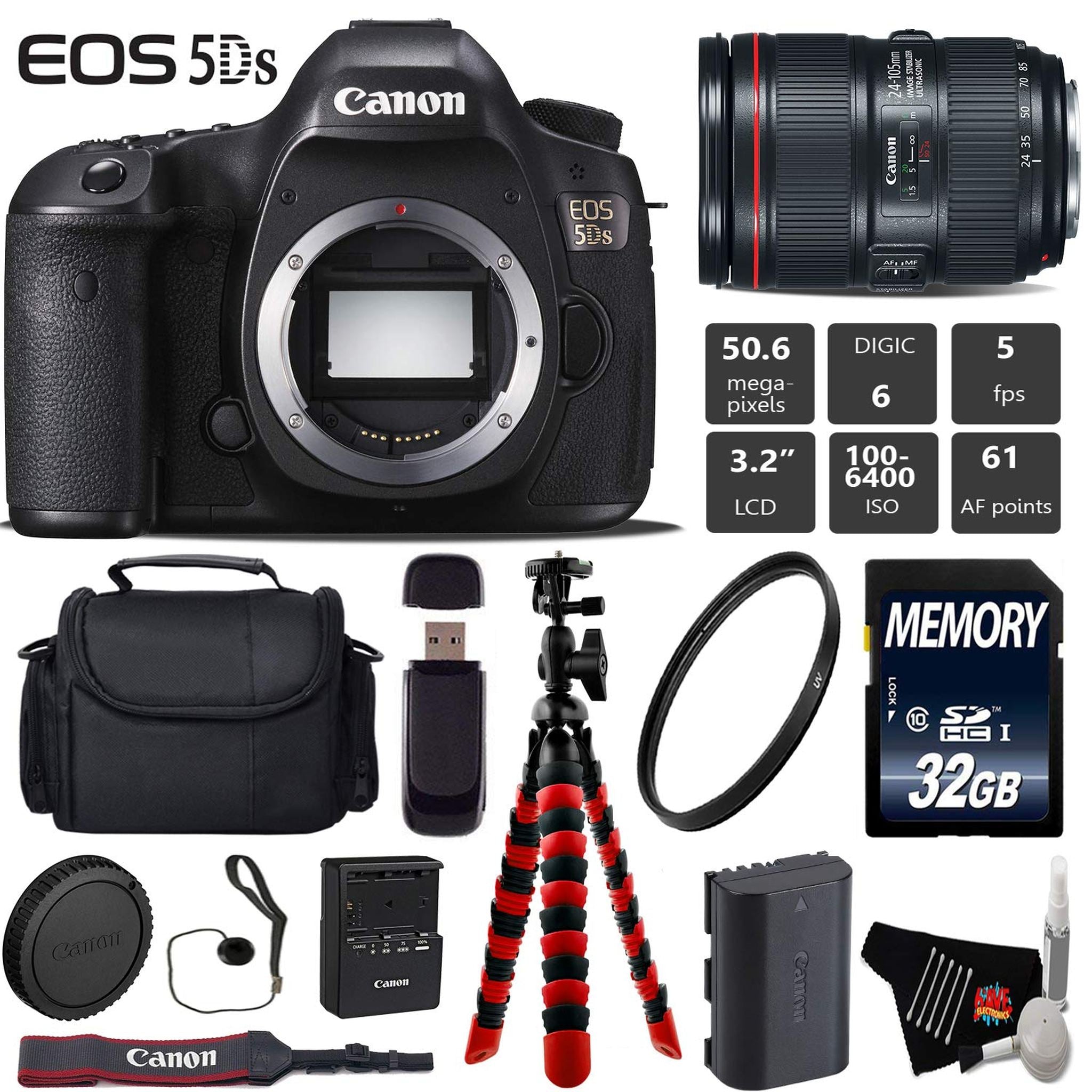 Canon EOS 5DS DSLR Camera with 24-105mm f/4L II Lens + Wireless Remote + UV Protection Filter + Case + Wrist Strap + Tri Canon