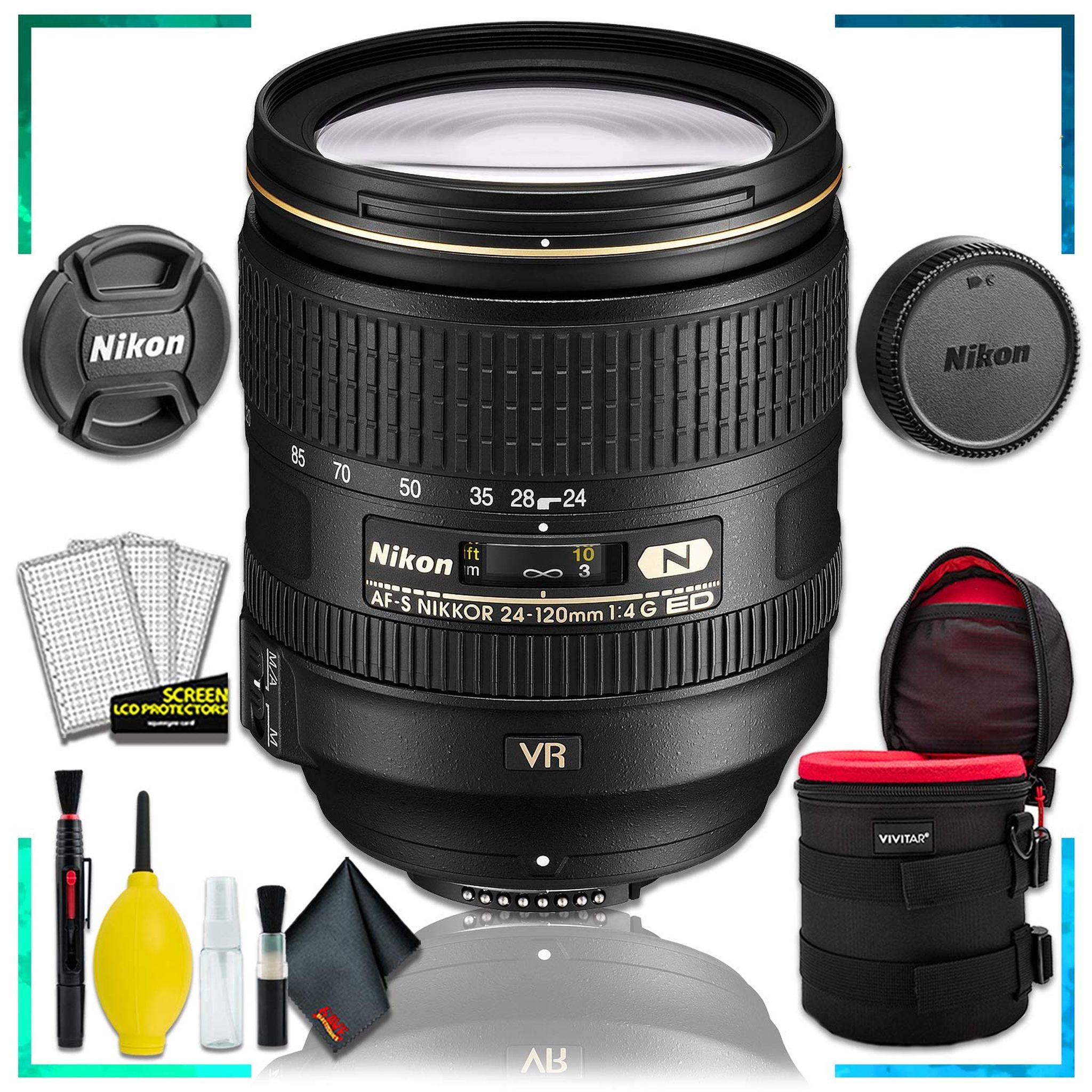 Nikon AF-S NIKKOR 24-120mm f.4G ED VR Lens Intl Model + 4.5 inch Vivitar Premium Lens Case + Cleaning Kit Nikon